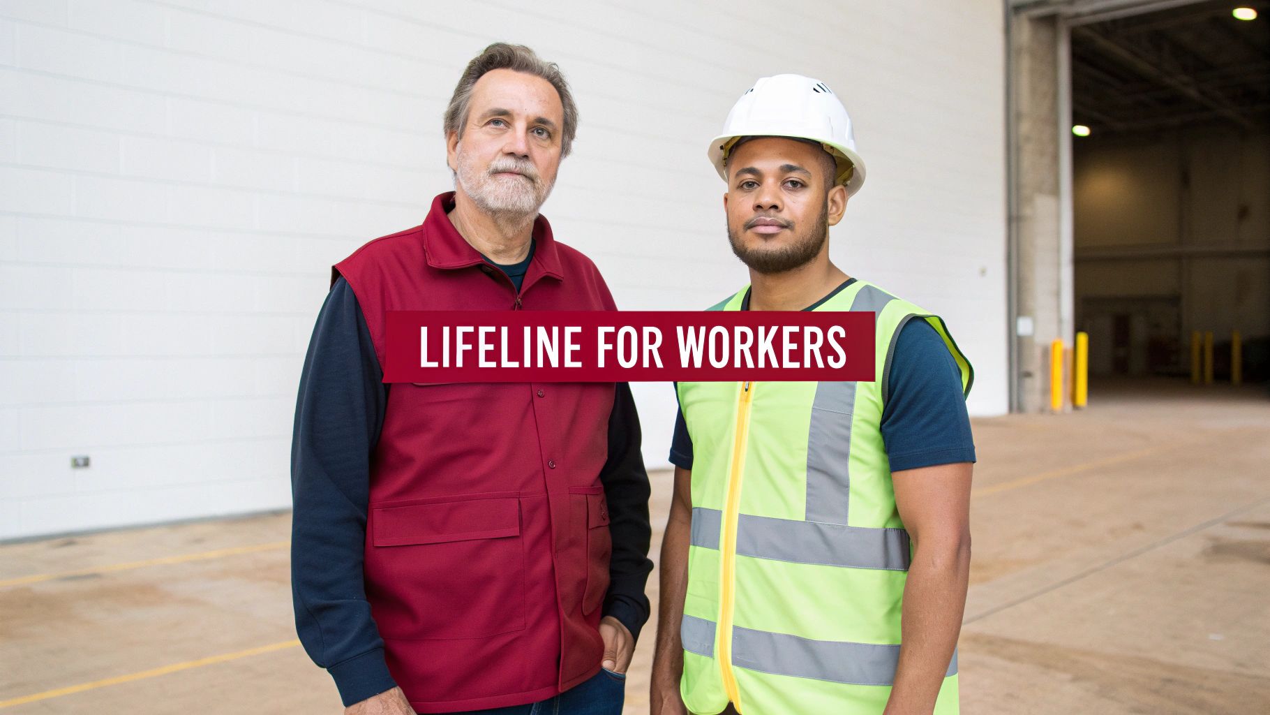 Two diverse male workers, one older and one younger, stand in a warehouse with a 'LIFELINE FOR WORKERS' banner.