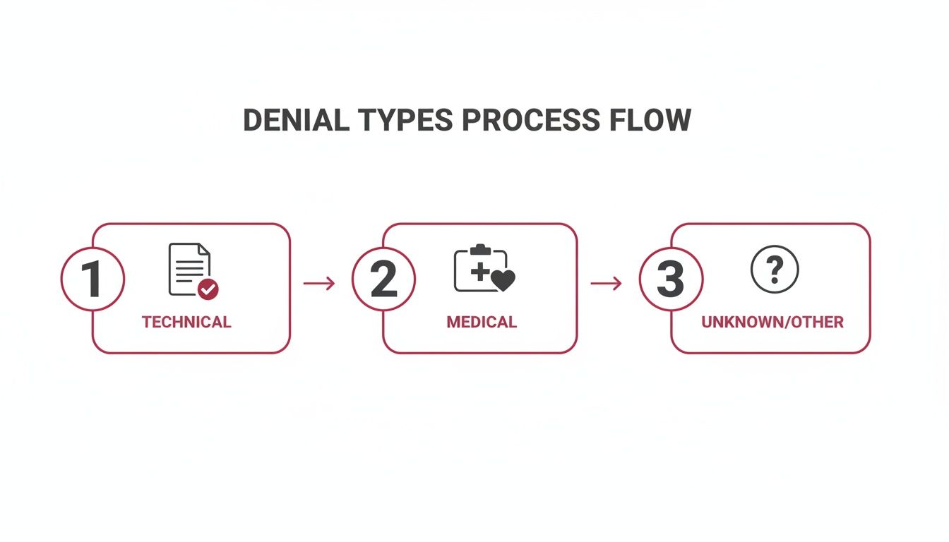 A process flow diagram illustrating three types of denials: Technical, Medical, and Unknown/Other, in numbered steps.