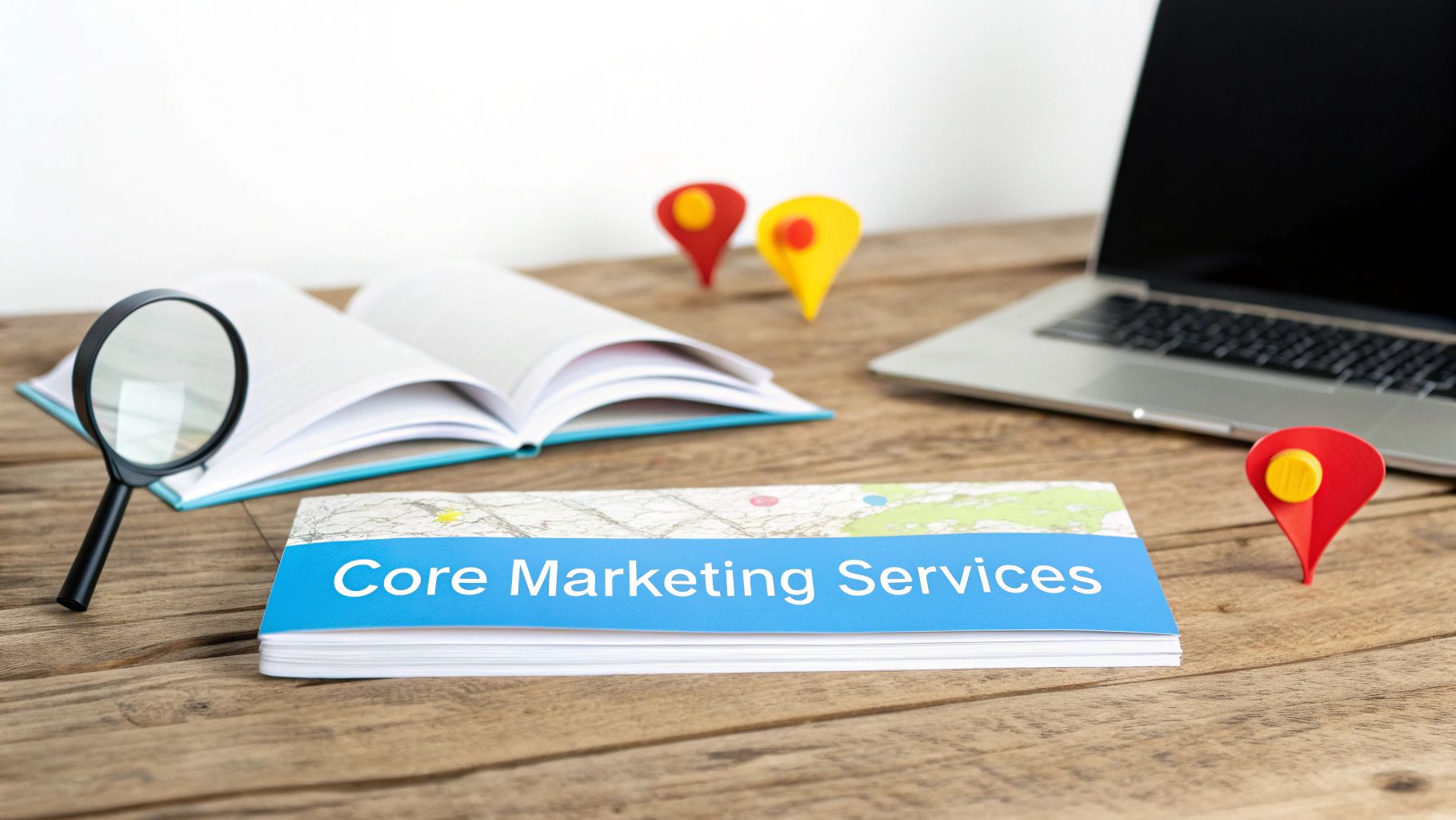 Marketing services concept with a booklet, magnifying glass, laptop, and colorful map pins on a wooden desk.