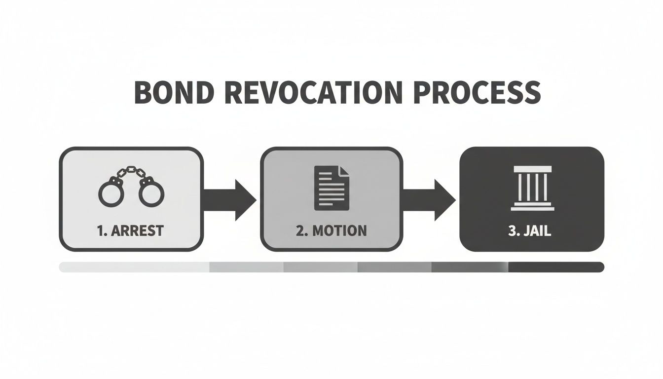 A flowchart illustrating the three-step bond revocation process: arrest, motion, and jail.