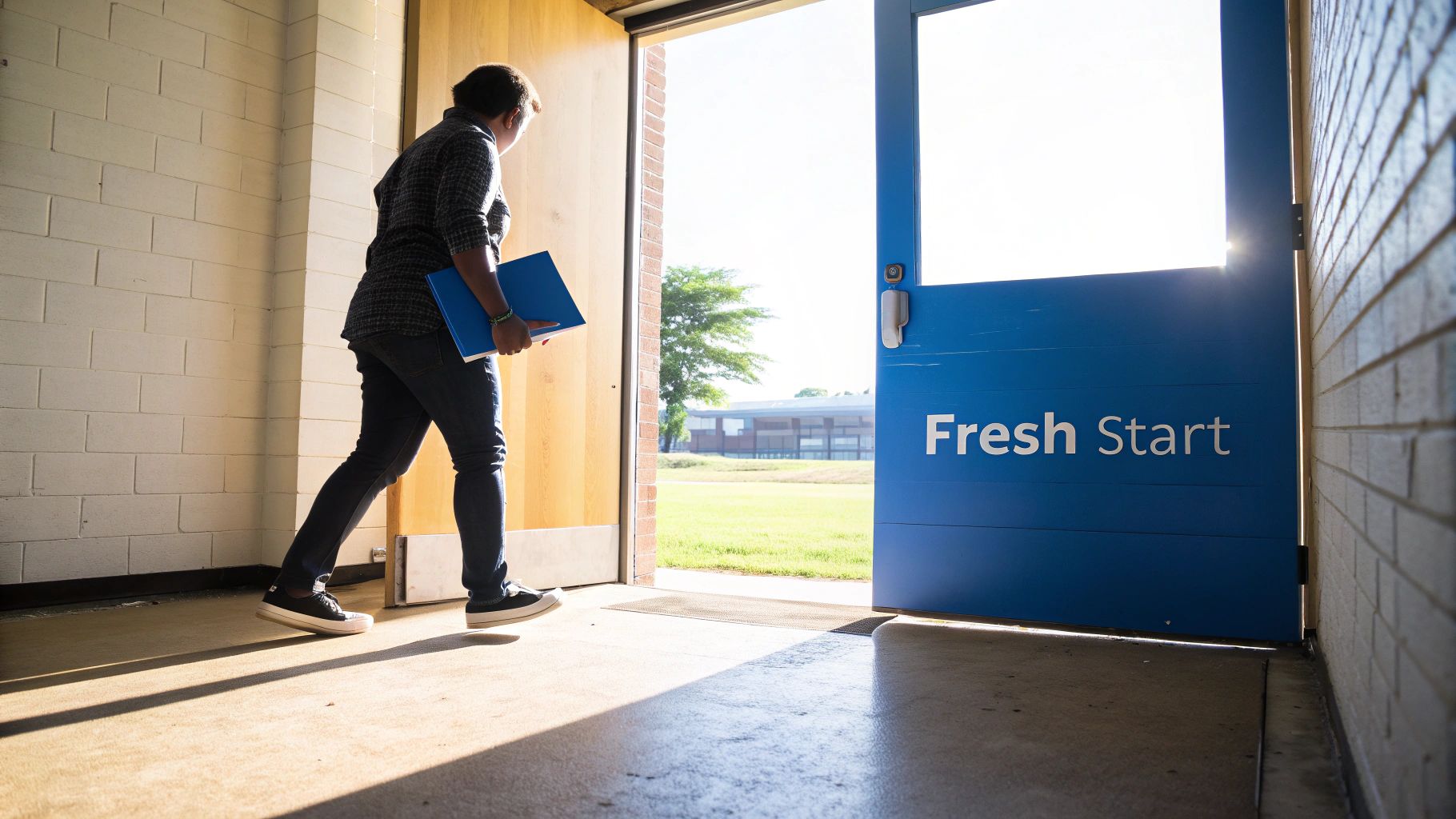A person walks through a doorway labeled 'Fresh Start' into a bright, sunny outdoor area.