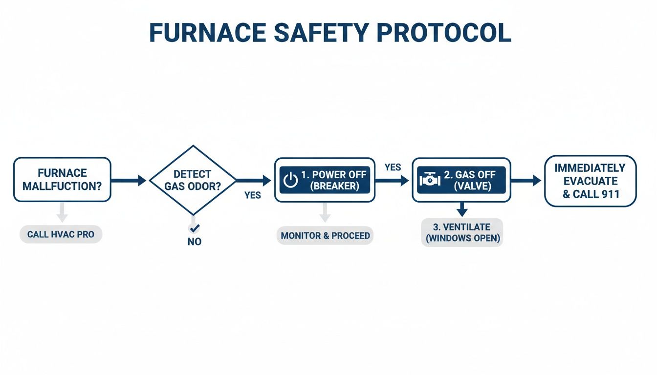 Flowchart detailing furnace safety protocol for malfunctions, covering gas odor detection, power/gas shutdown, and evacuation.