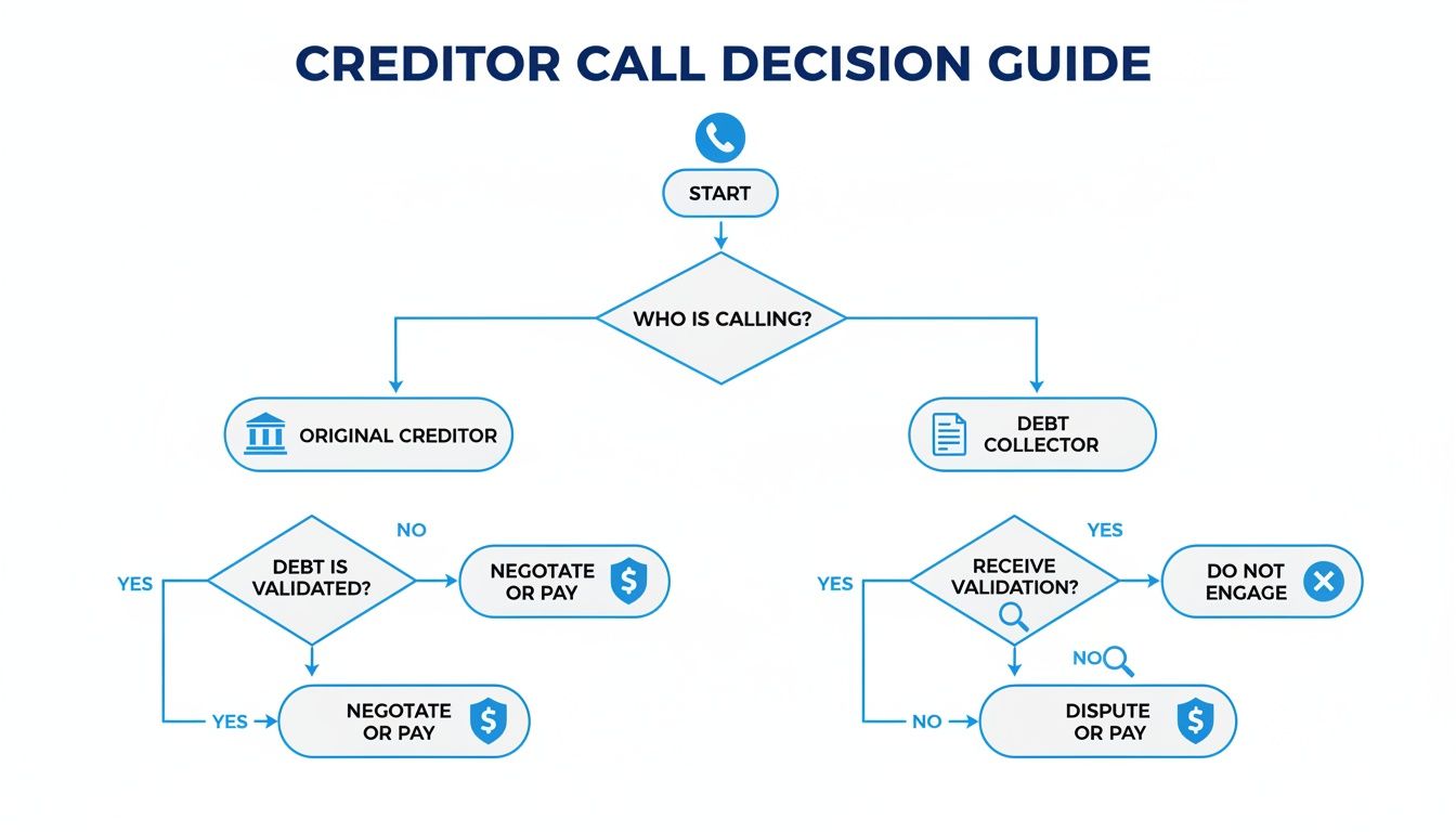 Flowchart guiding decisions for calls from creditors or debt collectors based on debt validation.