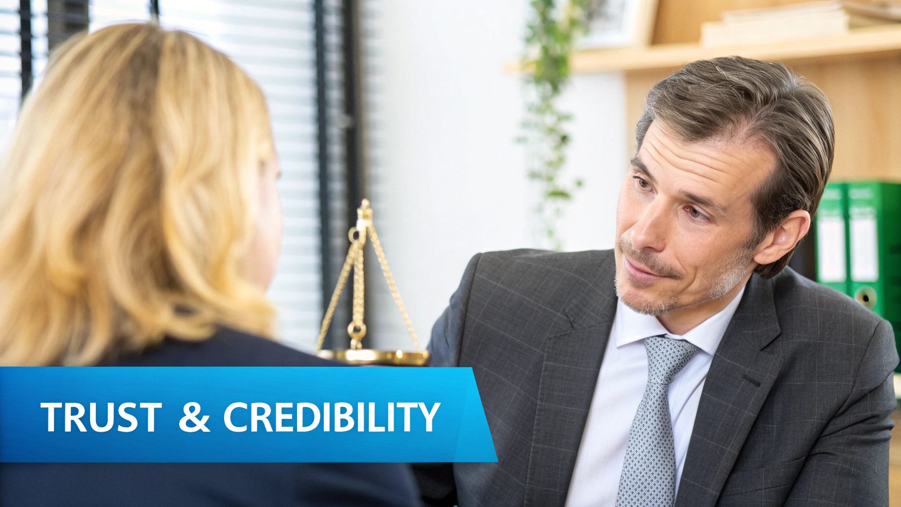 A male lawyer speaking attentively to a female client, with a scale of justice and 'Trust & Credibility' text.
