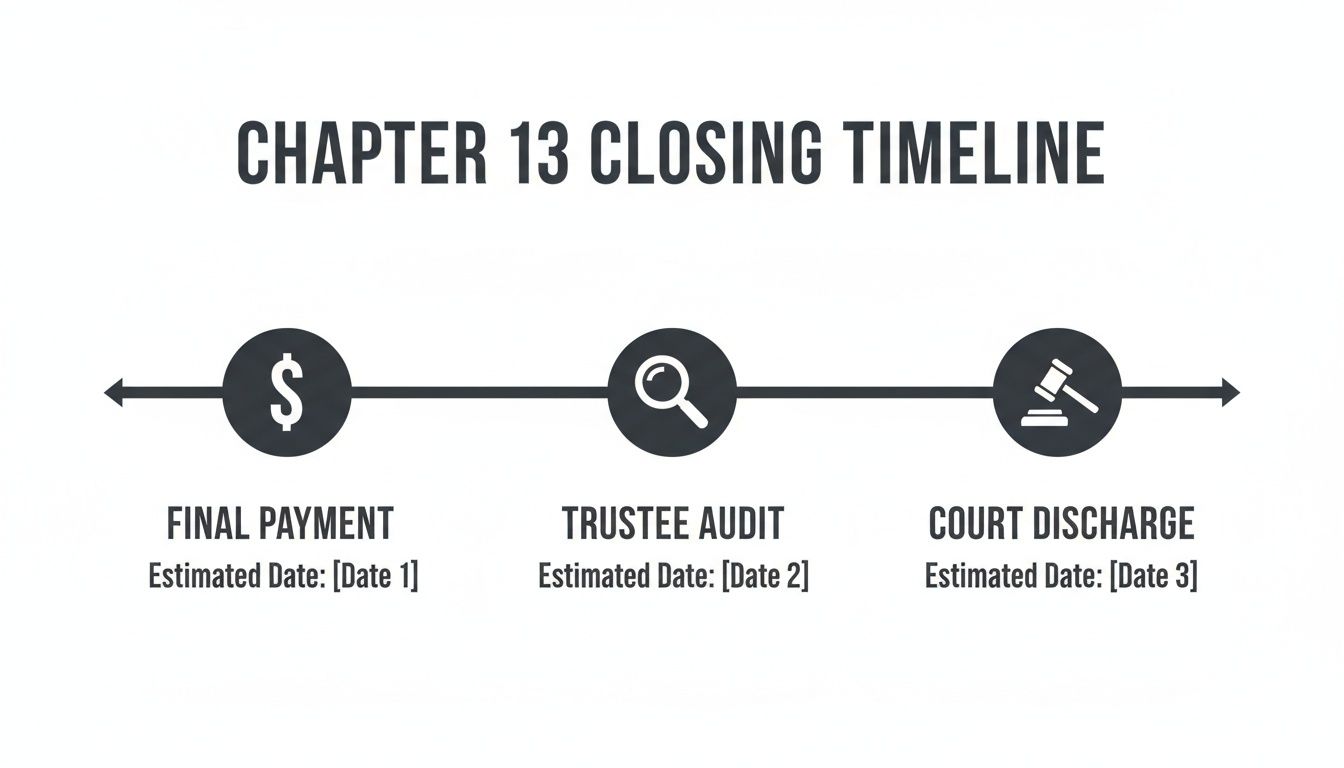 Timeline illustrating the Chapter 13 bankruptcy closing process with key steps and estimated dates.