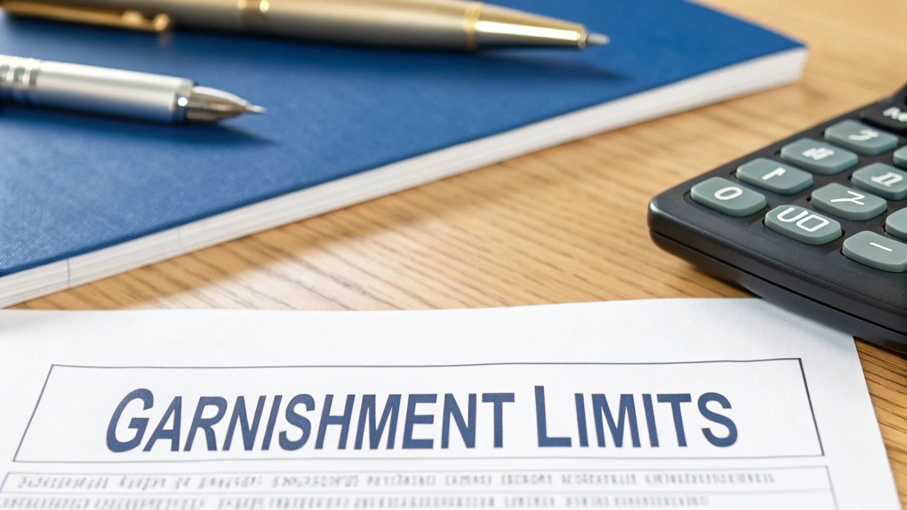 A document titled 'Garnishment Limits' lies on a desk with pens, a notebook, and a calculator.