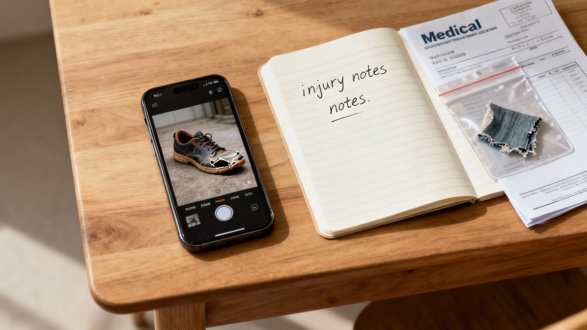 Smartphone displaying a damaged shoe, injury notes, medical documents, and a fabric sample on a table.