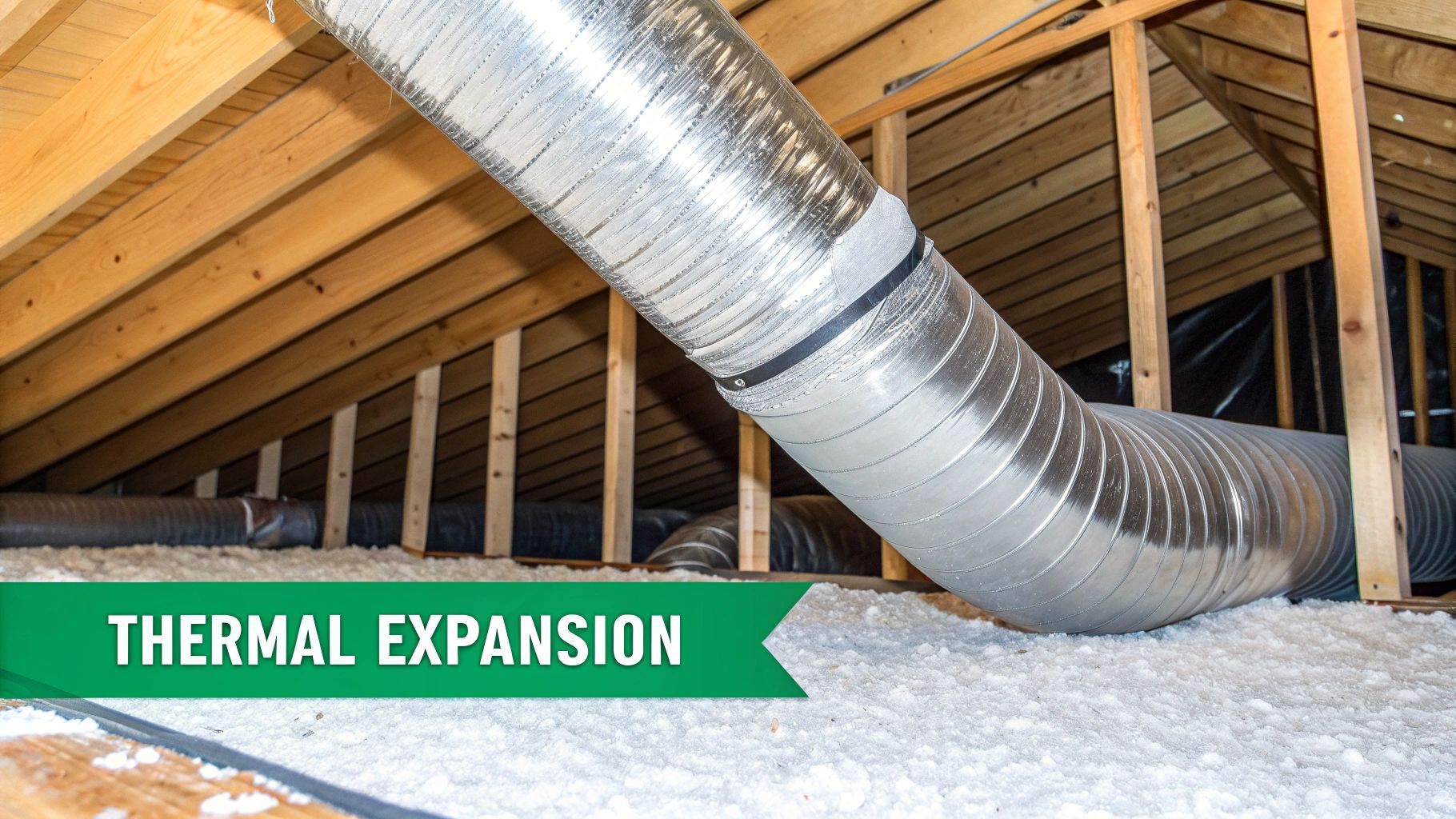 Attic with a large silver flexible duct resting on white insulation and surrounded by wooden rafters.