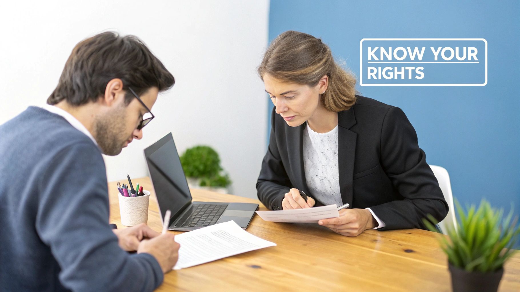 Two individuals review legal documents at a desk, with 'Know Your Rights' text on the blue wall.