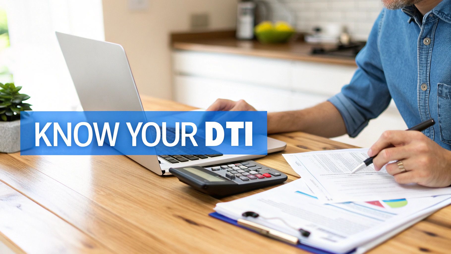 A person calculating finances at a desk with a laptop, calculator, and papers, overlaid with 'KNOW YOUR DTI'.