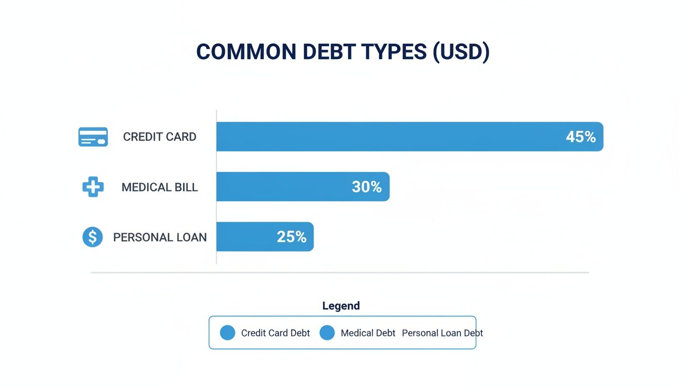Horizontal bar chart showing common debt types and their percentages: credit card, medical bill, and personal loan.