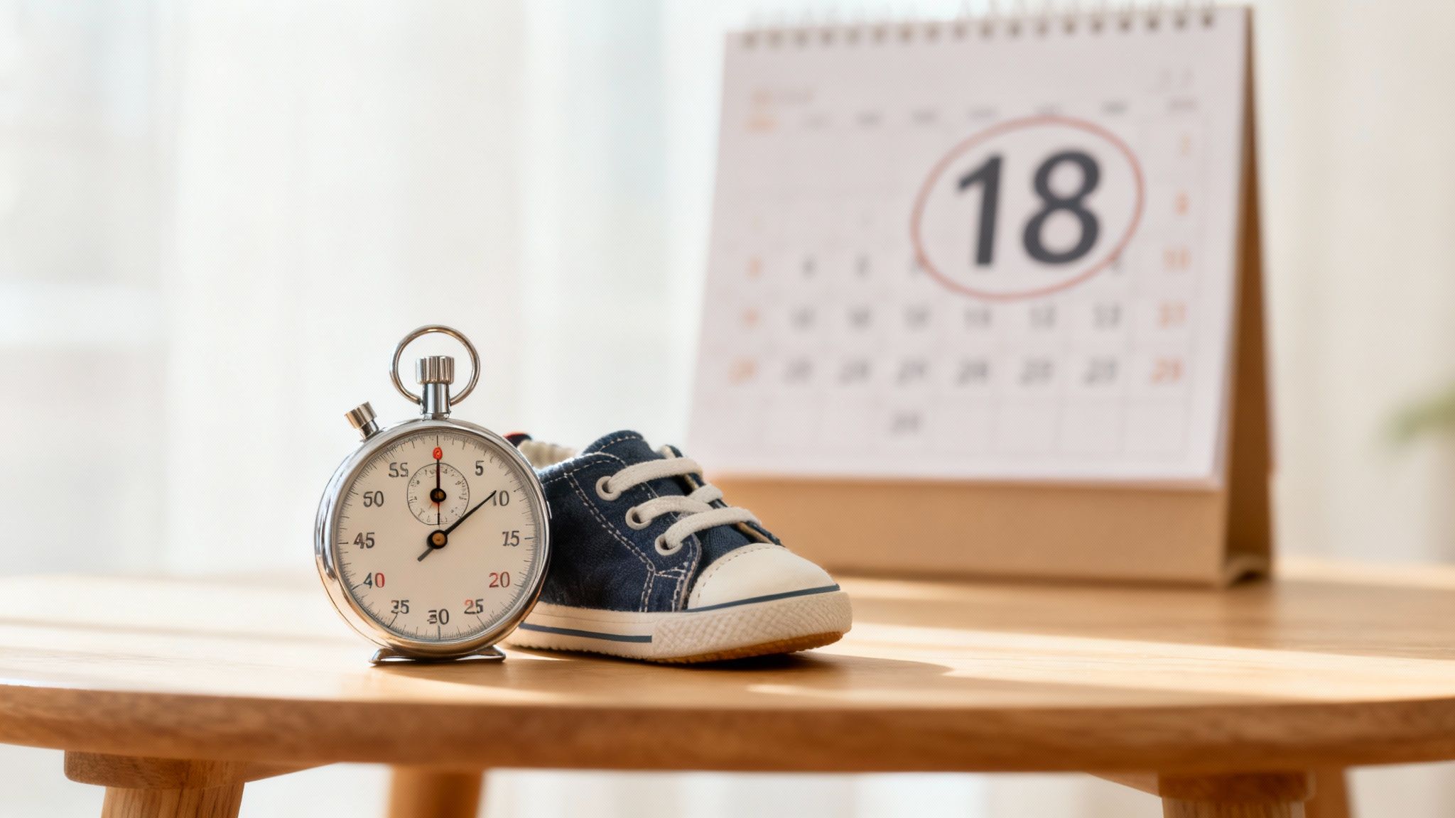 A stopwatch and a baby shoe next to a calendar with the 18th day circled, signifying a special date.