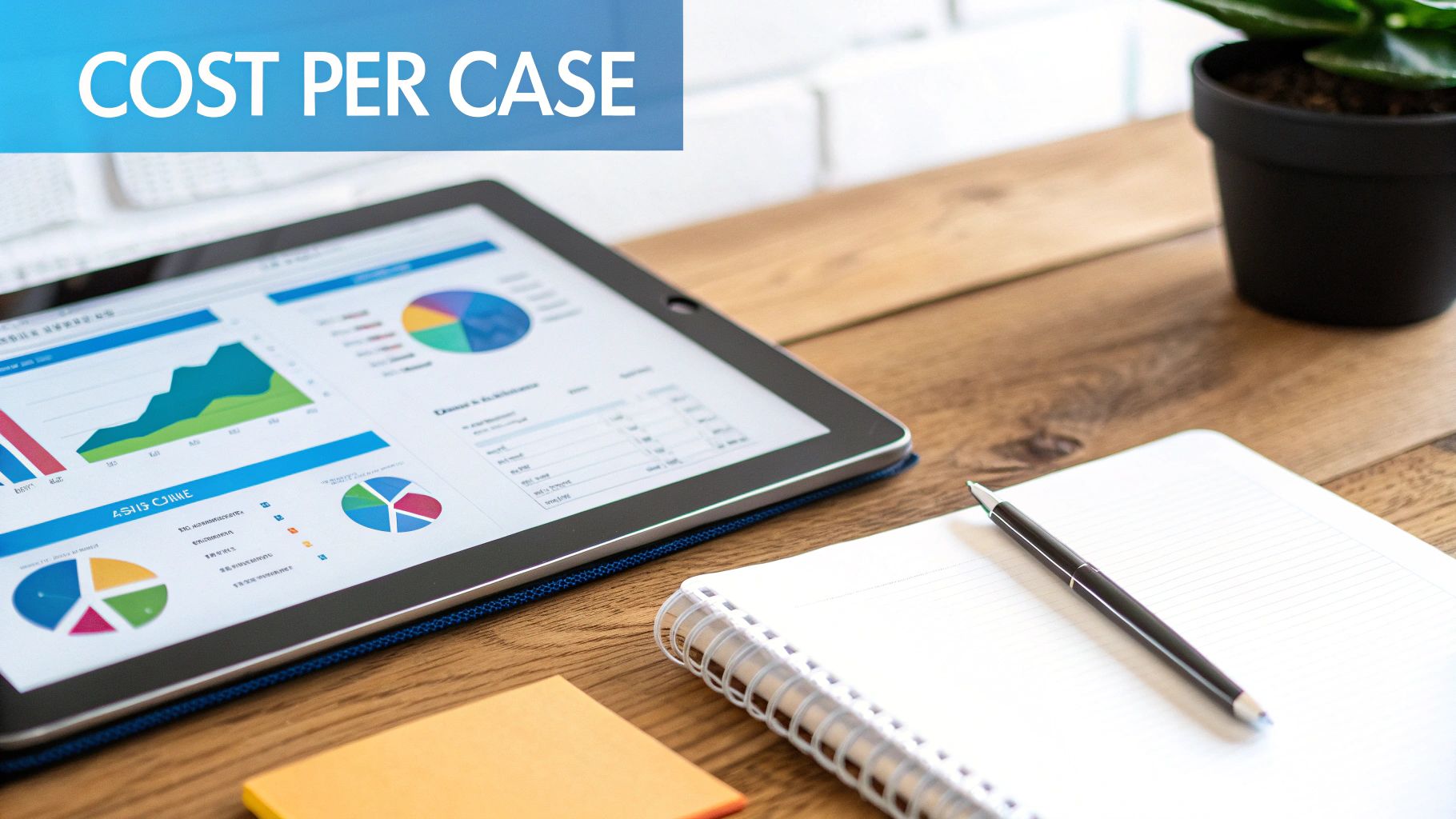 Tablet displaying cost analysis graphs and charts on a desk with a notebook and pen, 'COST PER CASE' title.