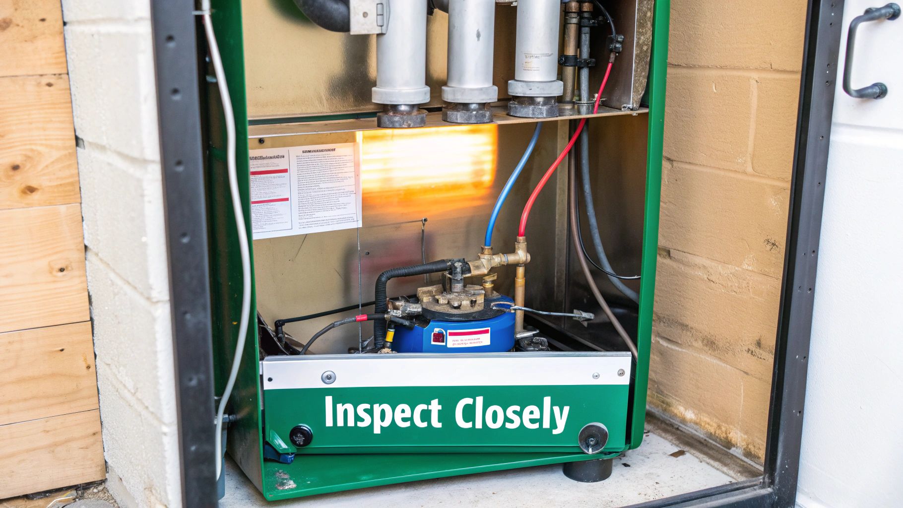 Close-up of a furnace interior with a glowing heating element, pipes, and 'Inspect Closely' text.