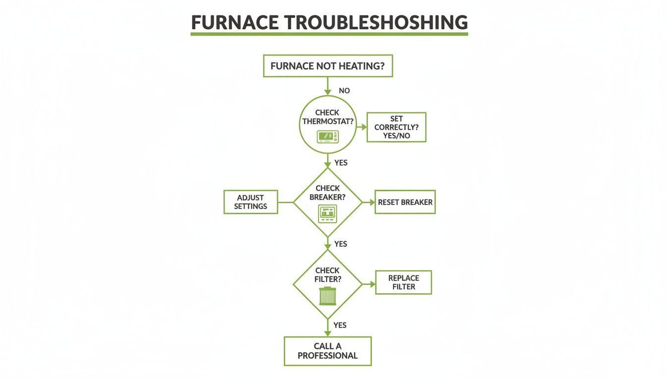 A flowchart detailing furnace troubleshooting steps, including checking the thermostat, breaker, and air filter.