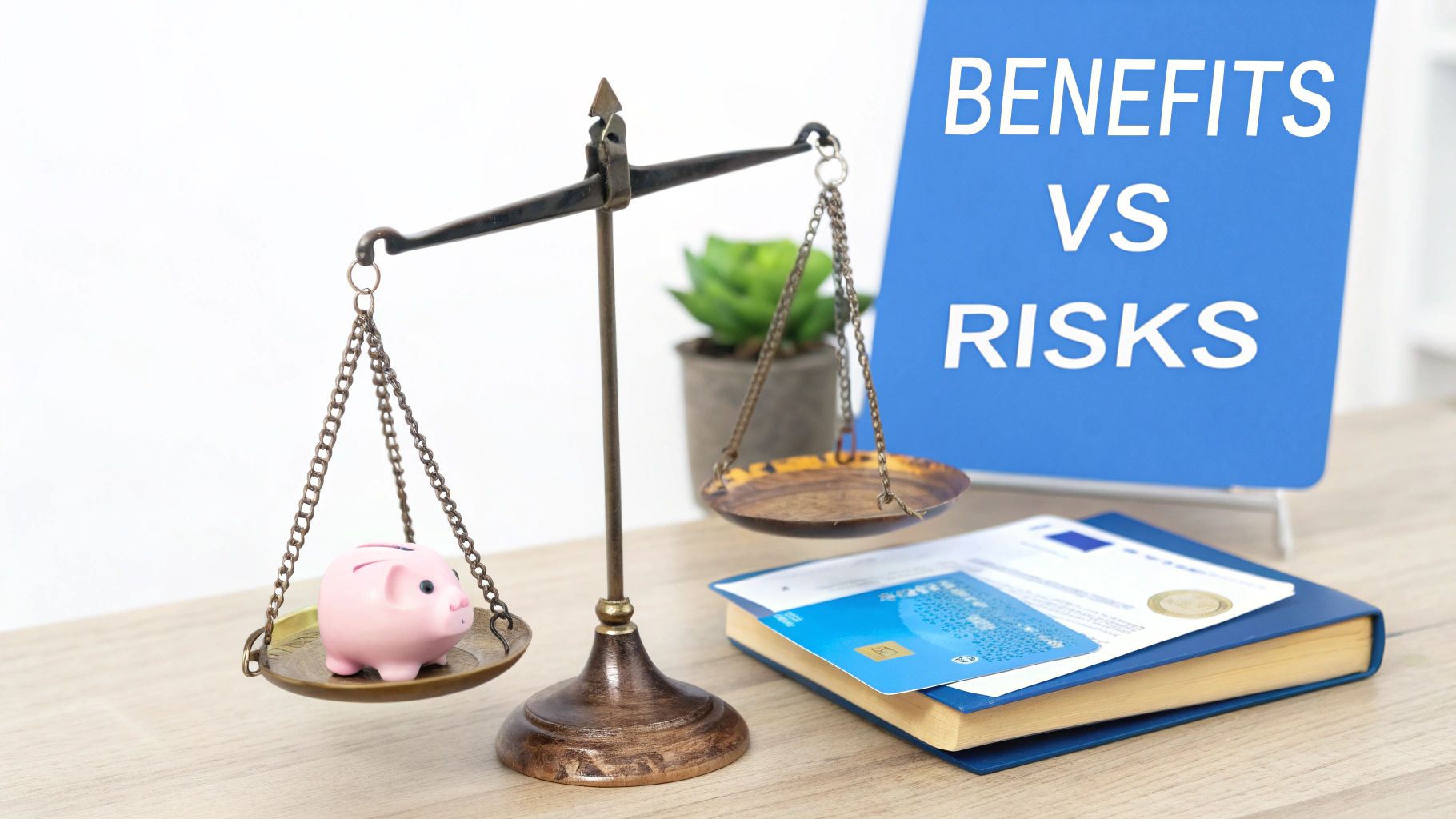 A balance scale with a piggy bank representing benefits, weighed against risks, with a credit card.