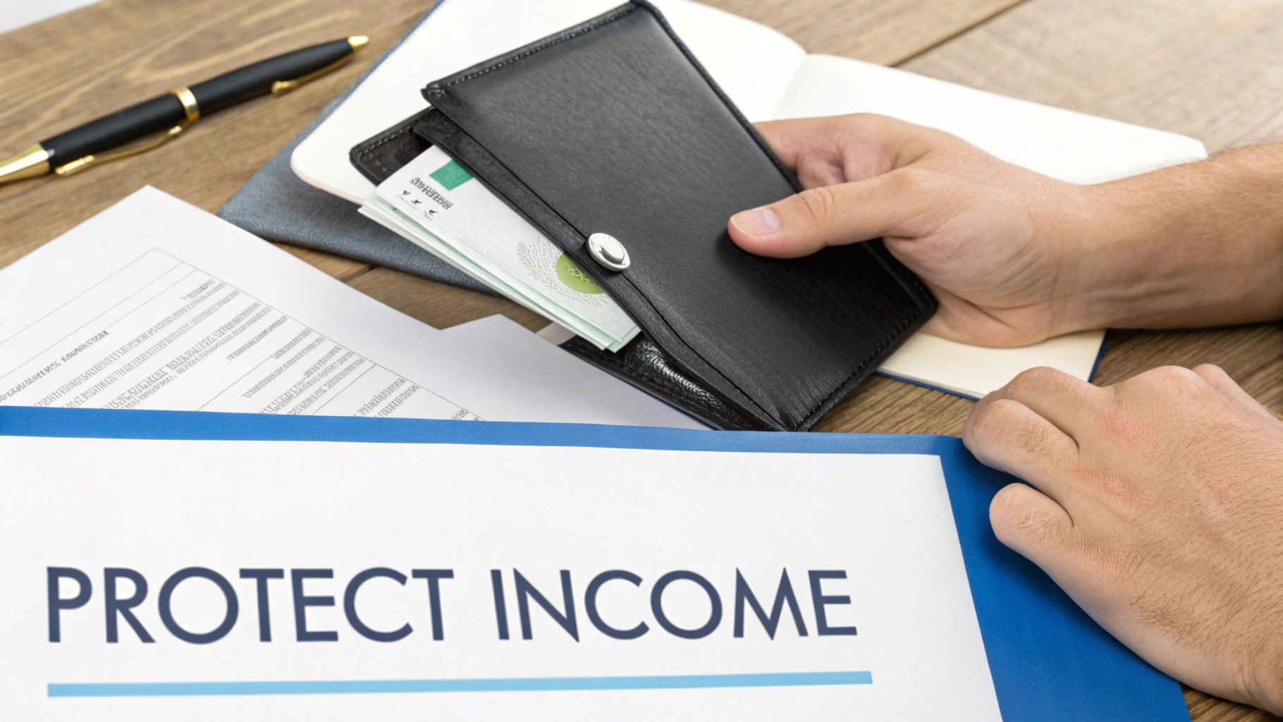 Person holding a wallet with money, next to a document titled 'PROTECT INCOME' on a wooden desk.
