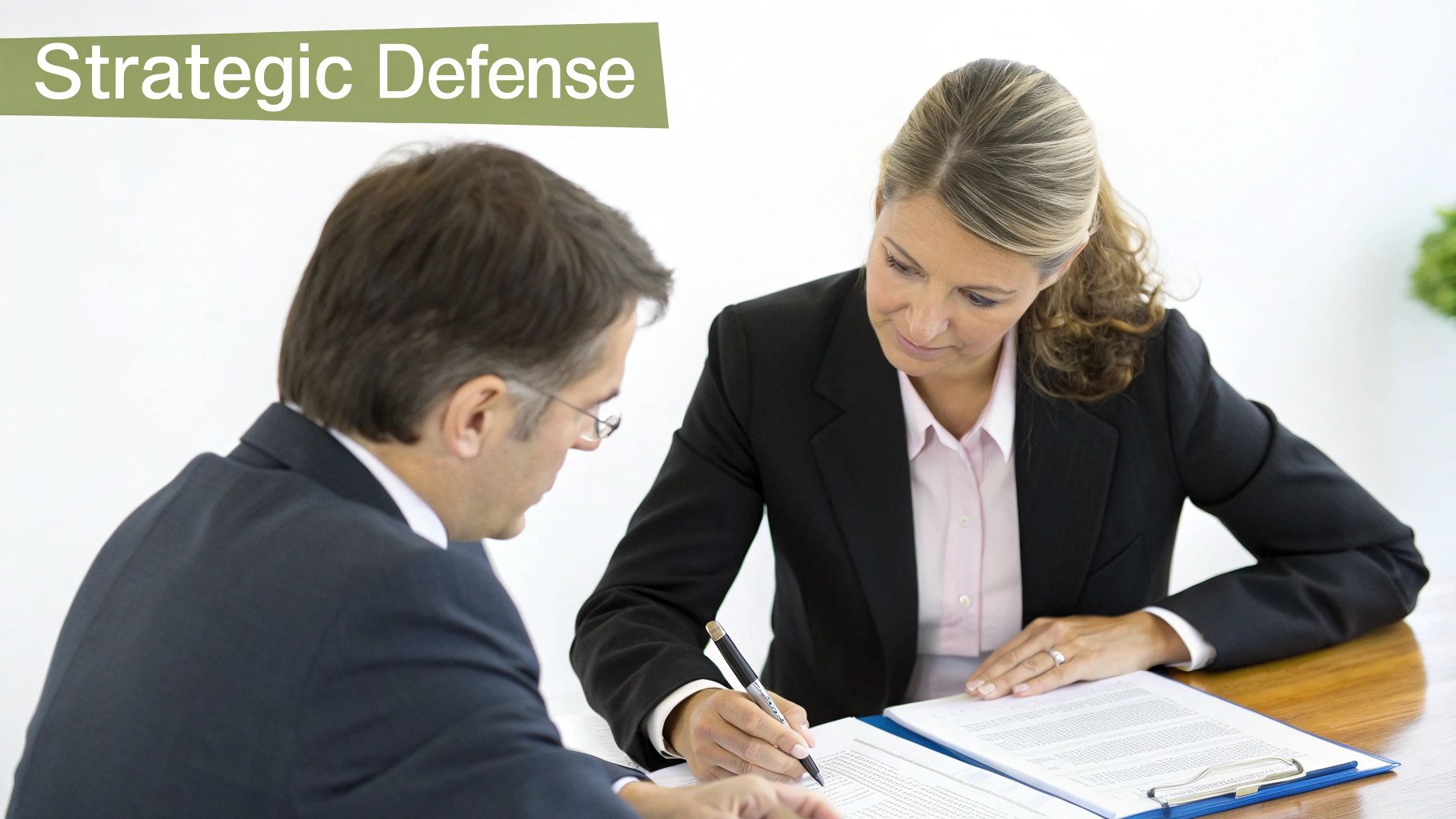 Two business professionals, a man and a woman, review documents at a table, with a 'Strategic Defense' banner above.