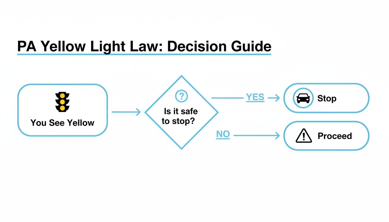 Flowchart illustrating the PA Yellow Light Law: stop if safe, otherwise proceed when seeing yellow.
