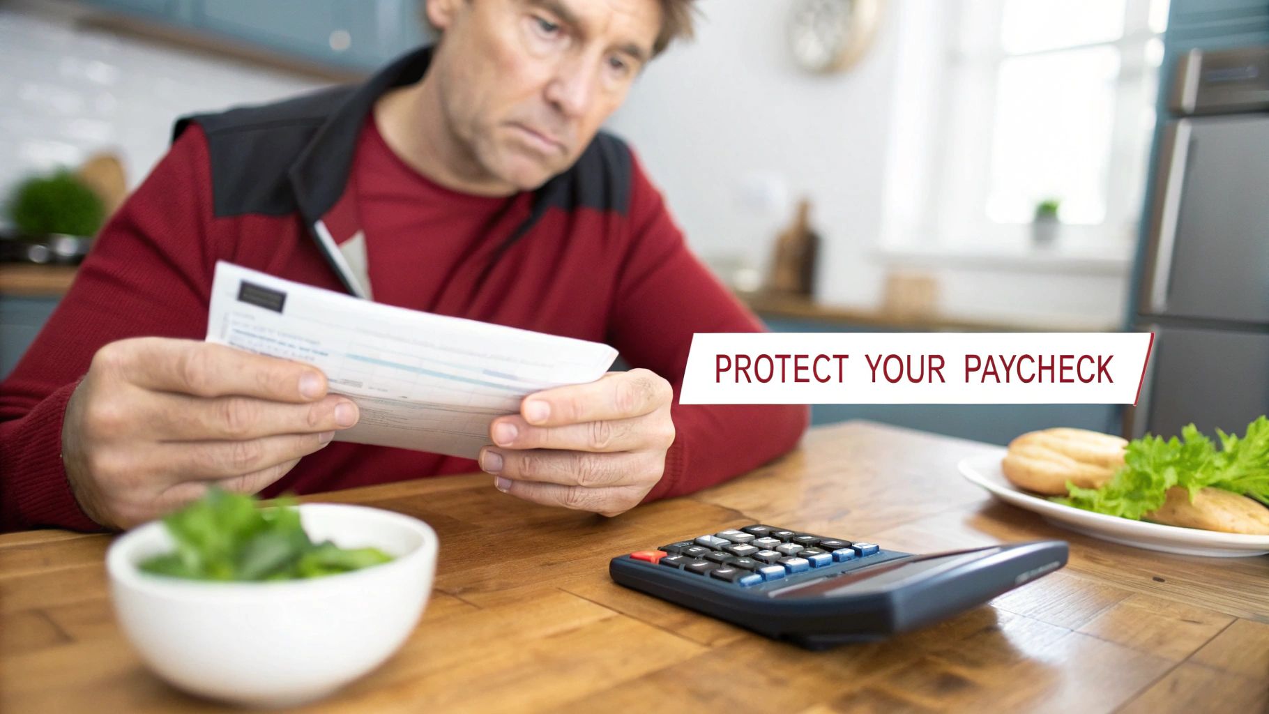 A man in a red shirt intently examining a document with a calculator nearby and text "PROTECT YOUR PAYCHECK."