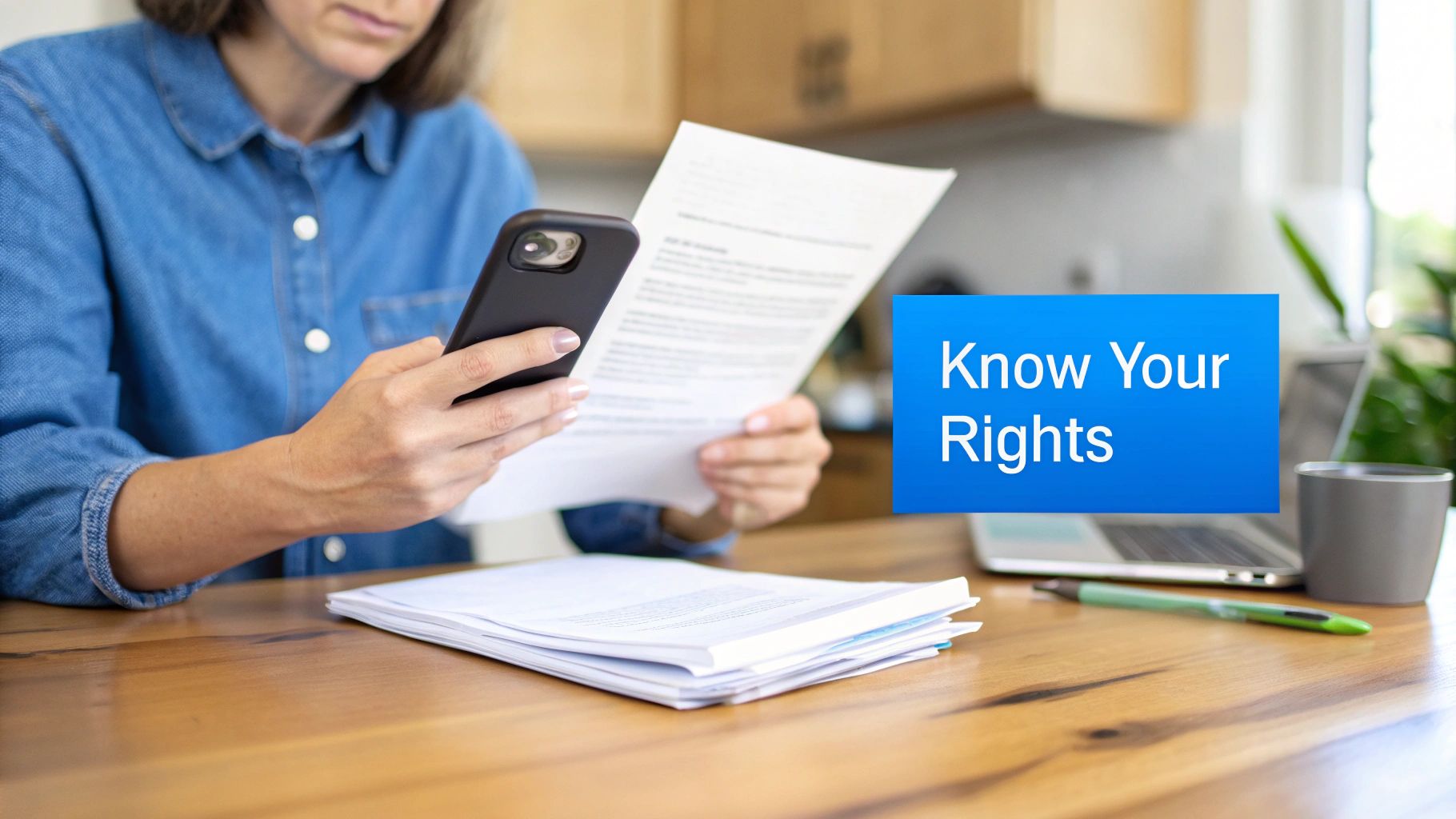 A person at a desk reviewing legal documents and using a smartphone, with a "Know Your Rights" overlay.