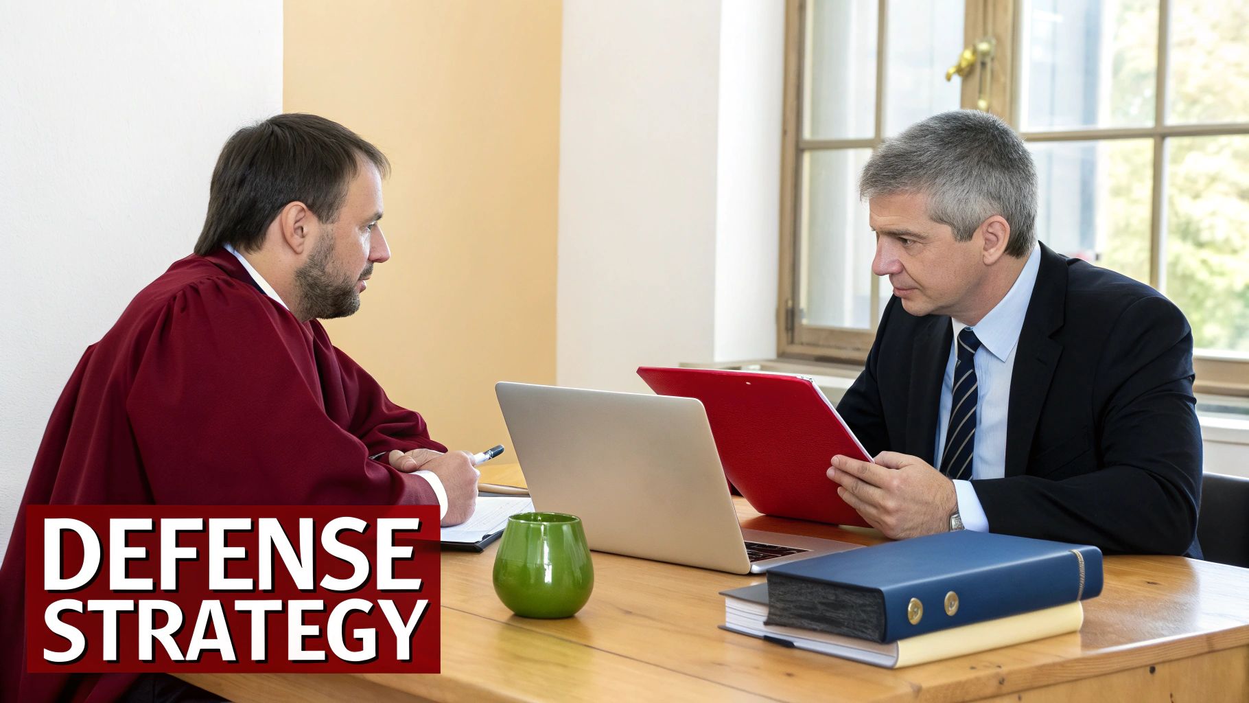 Lawyers in a robe and suit review documents at a desk, strategizing their defense.