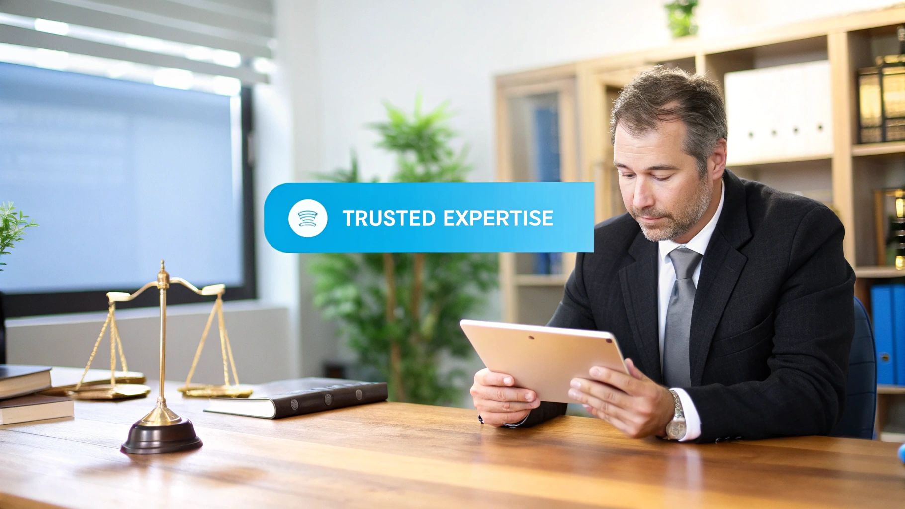 A male lawyer in a suit reviews a tablet at his office desk with scales of justice and a 'TRUSTED EXPERTISE' banner.