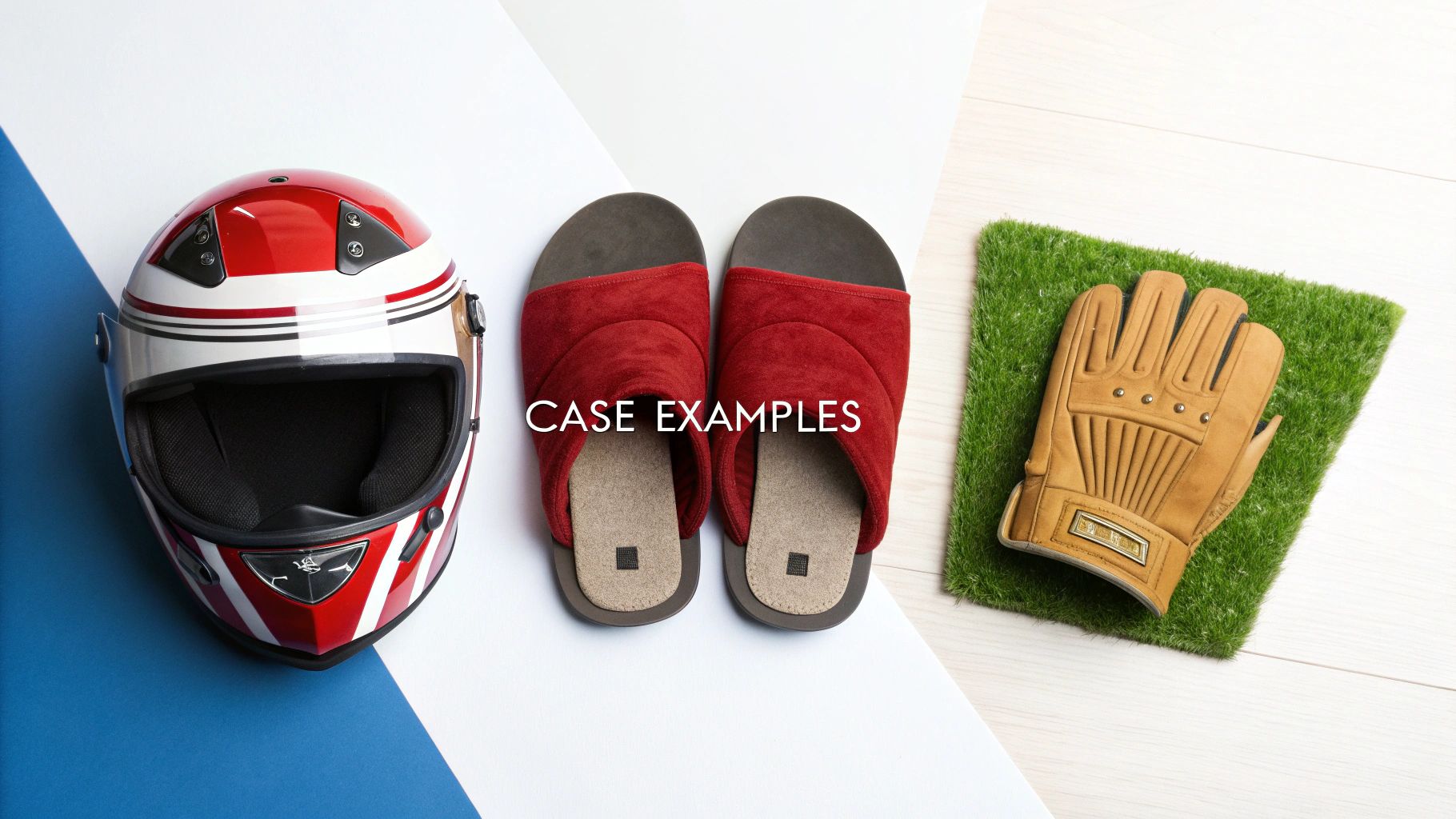 A top-down view of a red and white motorcycle helmet, red slippers, and a brown leather glove on different backgrounds.