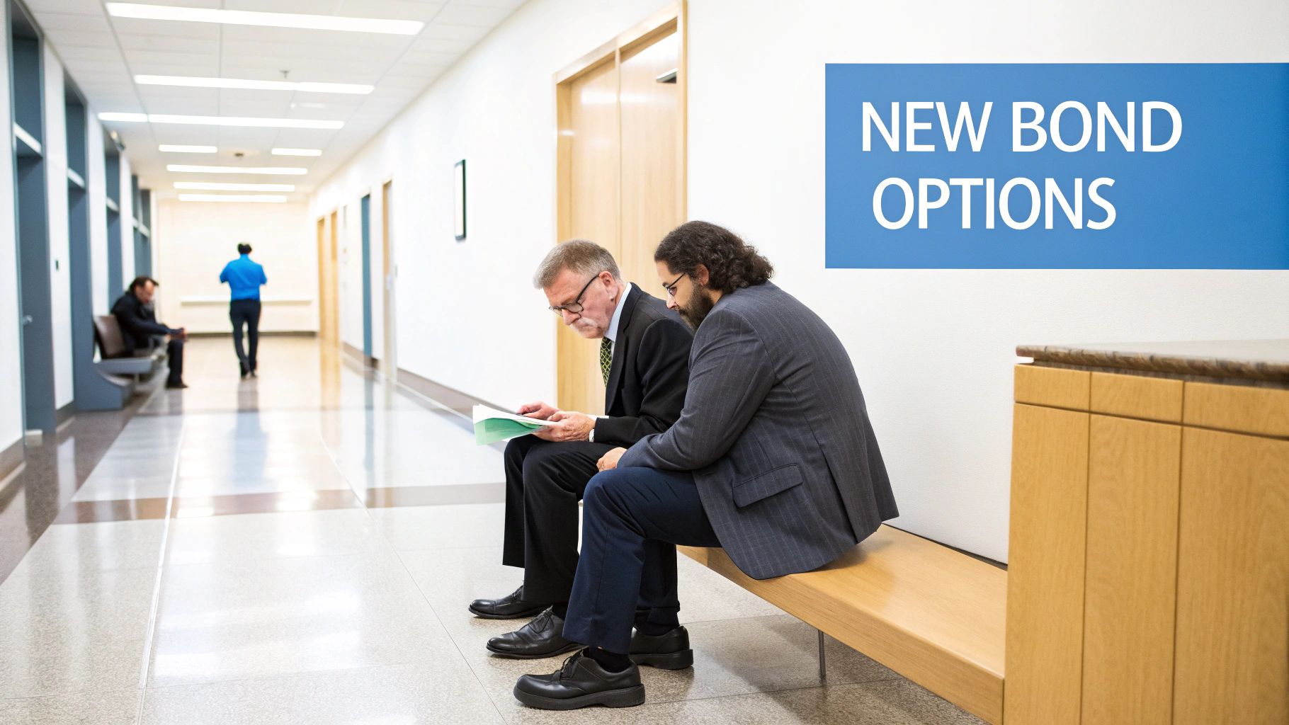 Dos hombres de negocios revisan documentos legales en un pasillo, con un cartel que dice "NUEVAS OPCIONES DE BONOS".