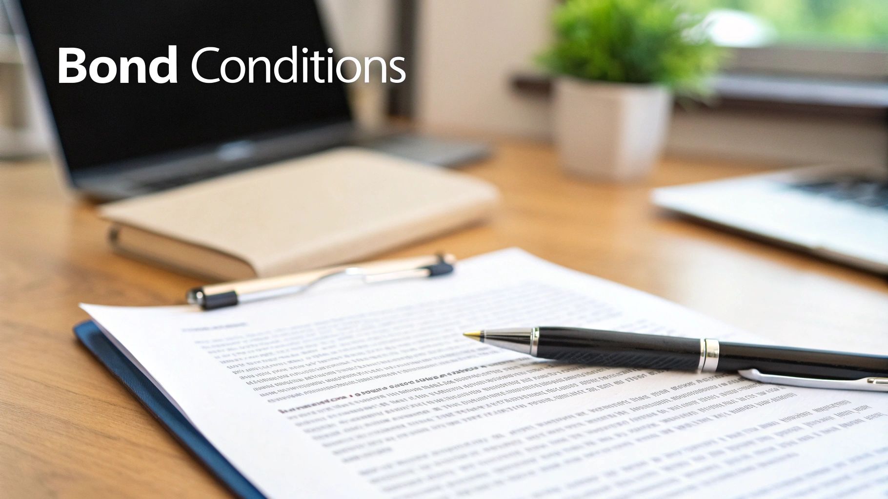 A document and pen on a wooden desk with a laptop displaying 'Bond Conditions' text.