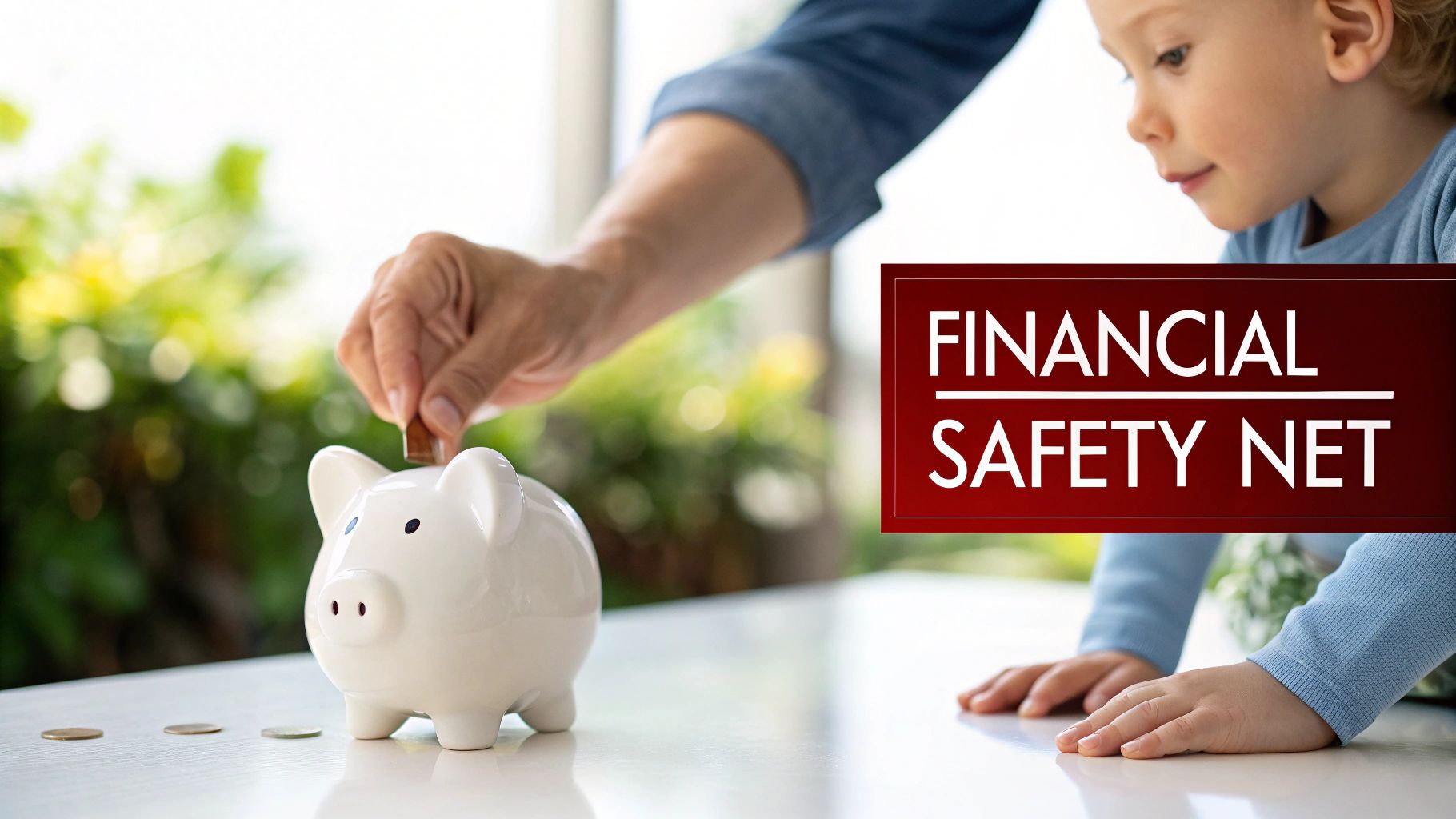 An adult hand helps a child put a coin into a white piggy bank, symbolizing saving money.