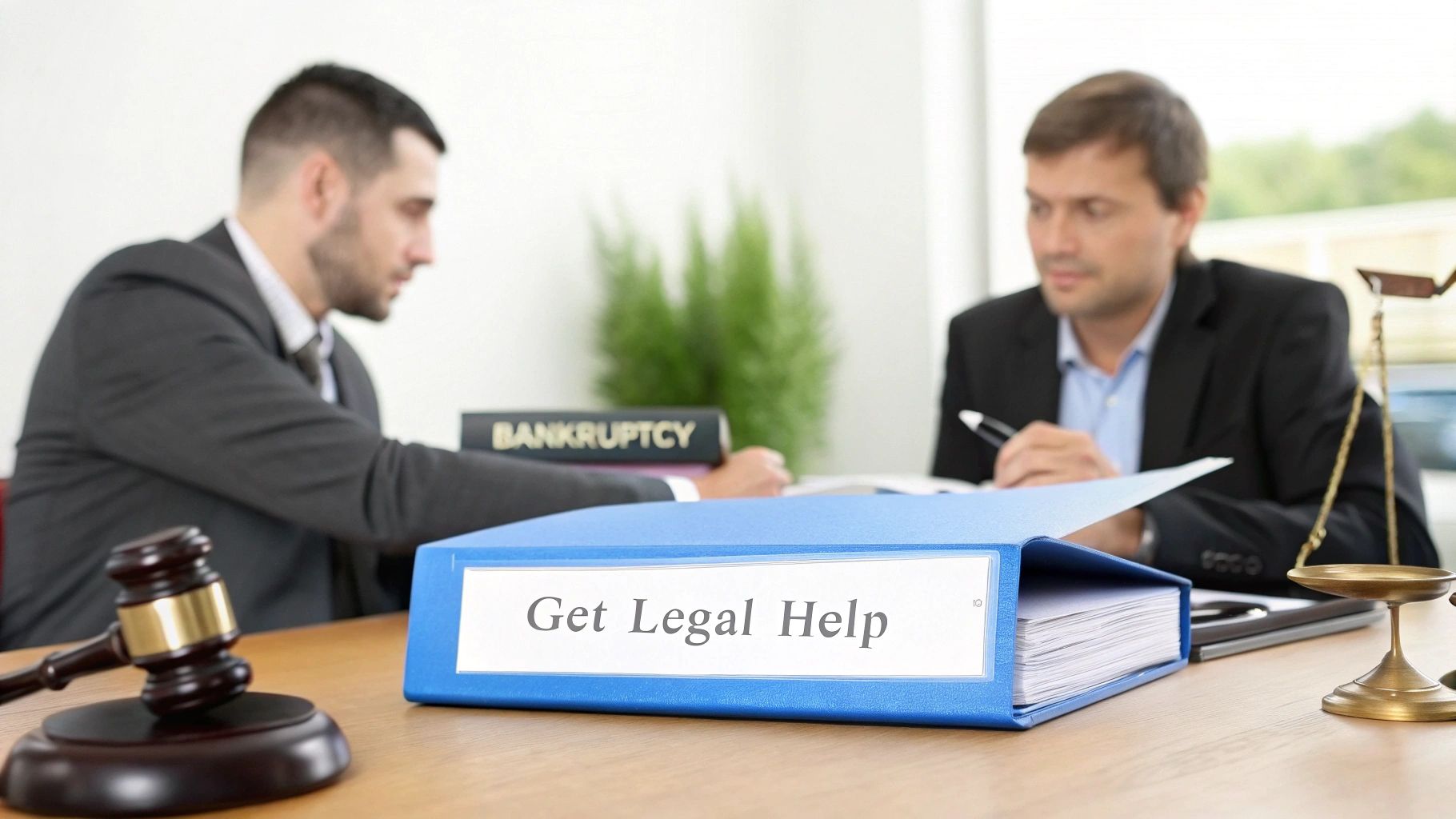 Two men discussing legal matters at a desk with a 'Get Legal Help' binder, gavel, and scales.