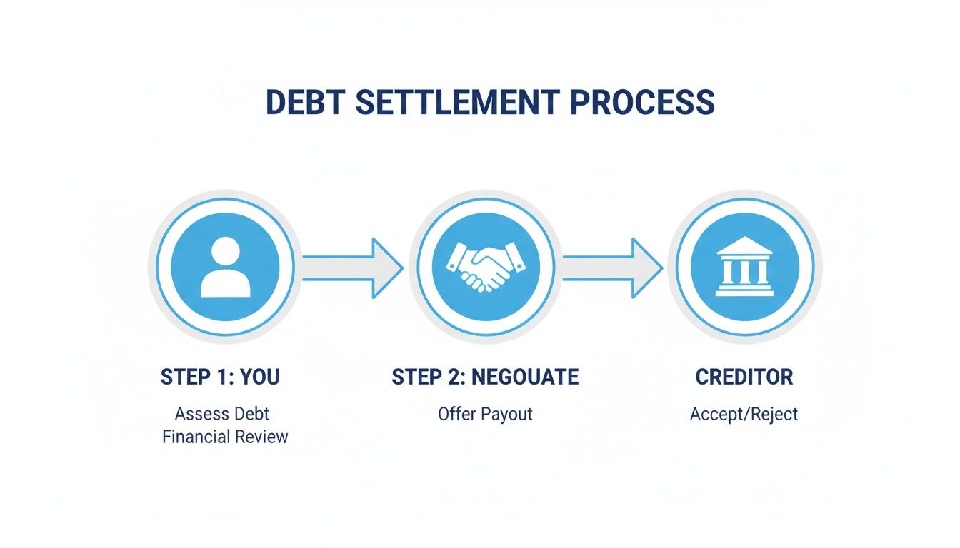 A three-step infographic illustrating the debt settlement process from assessing debt to creditor's decision.