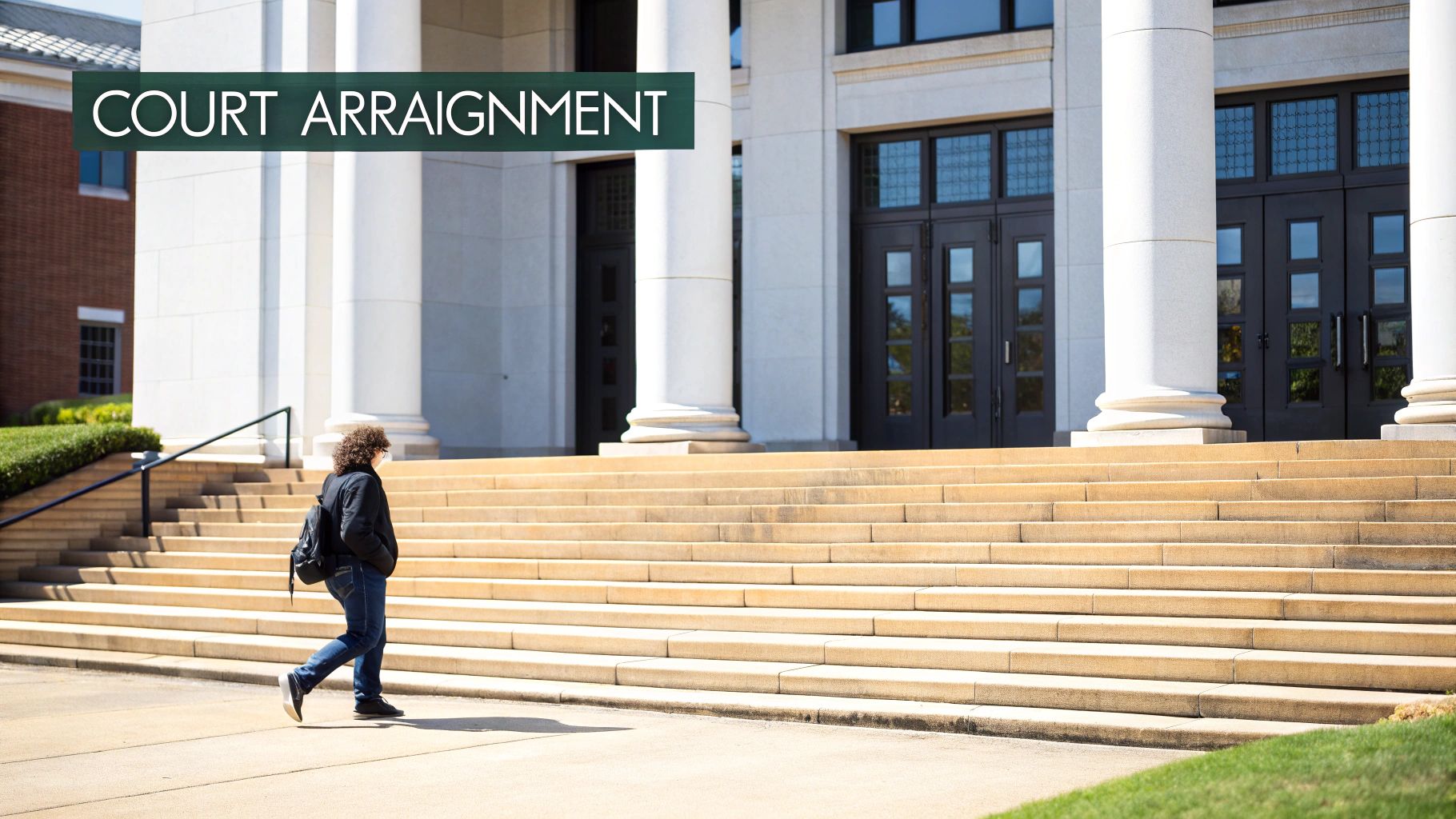 Person walks past a grand courthouse building with large steps and pillars, under a 'COURT ARRAIGNMENT' banner.