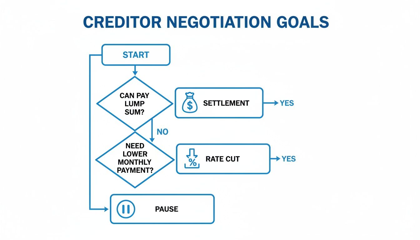 A flowchart detailing creditor negotiation goals, showing paths for settlement, rate cuts, or pausing negotiations.