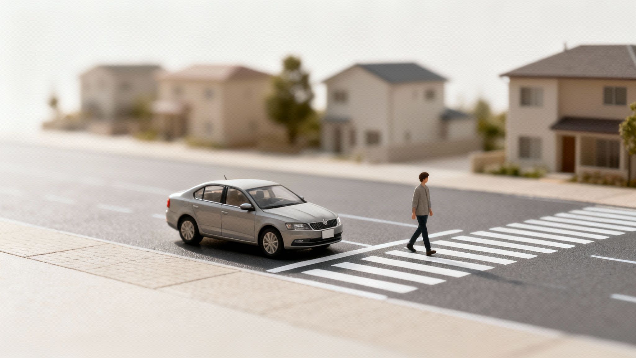 Miniature diorama of a person crossing a pedestrian crosswalk in front of a silver car.