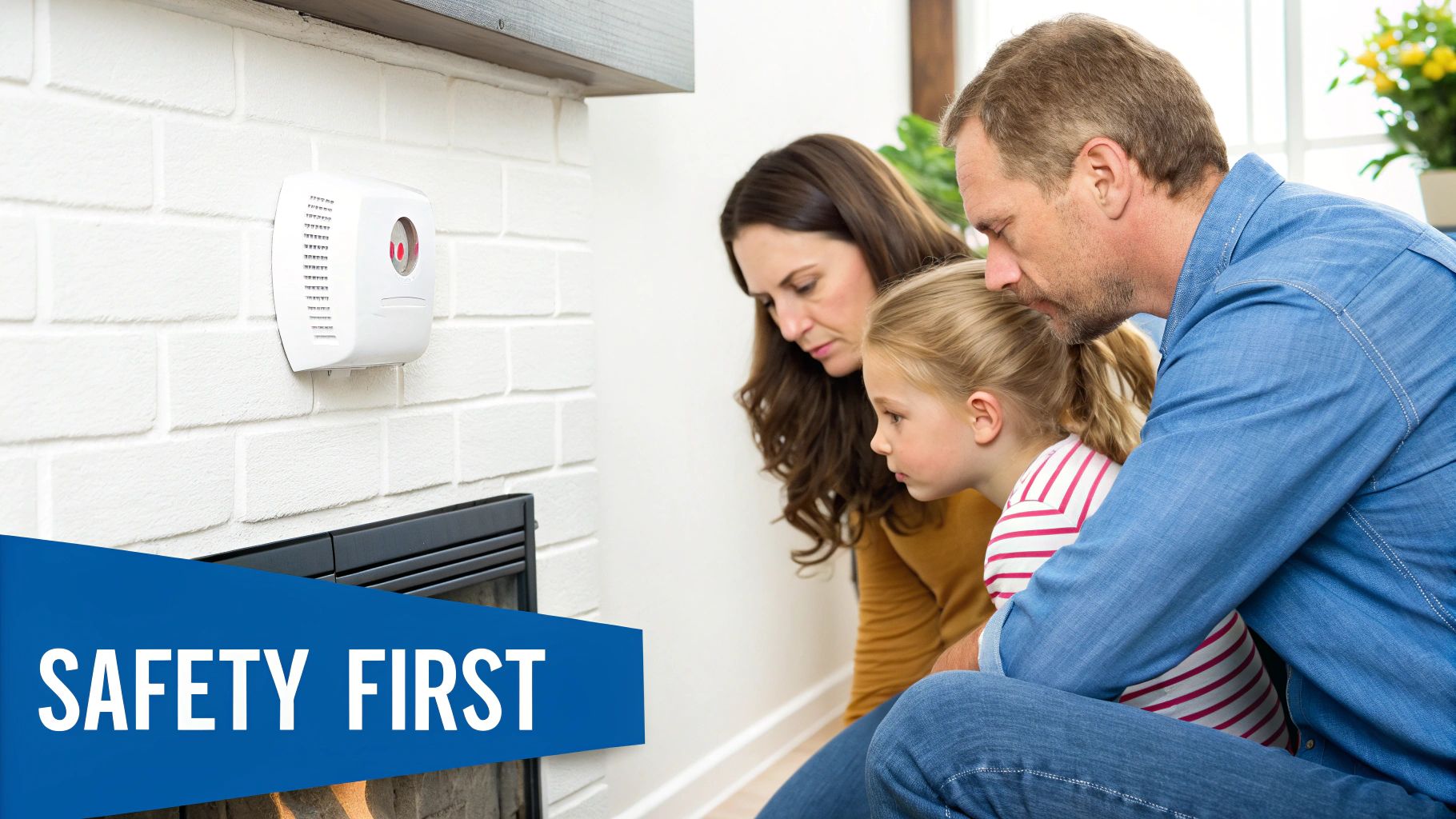 A family observes a carbon monoxide detector mounted above a fireplace, emphasizing home safety.