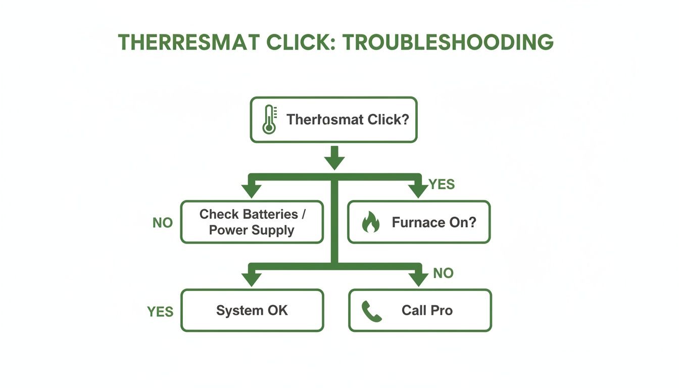 A troubleshooting flowchart for a 'Therresmat Click' thermostat, guiding users through common issues.