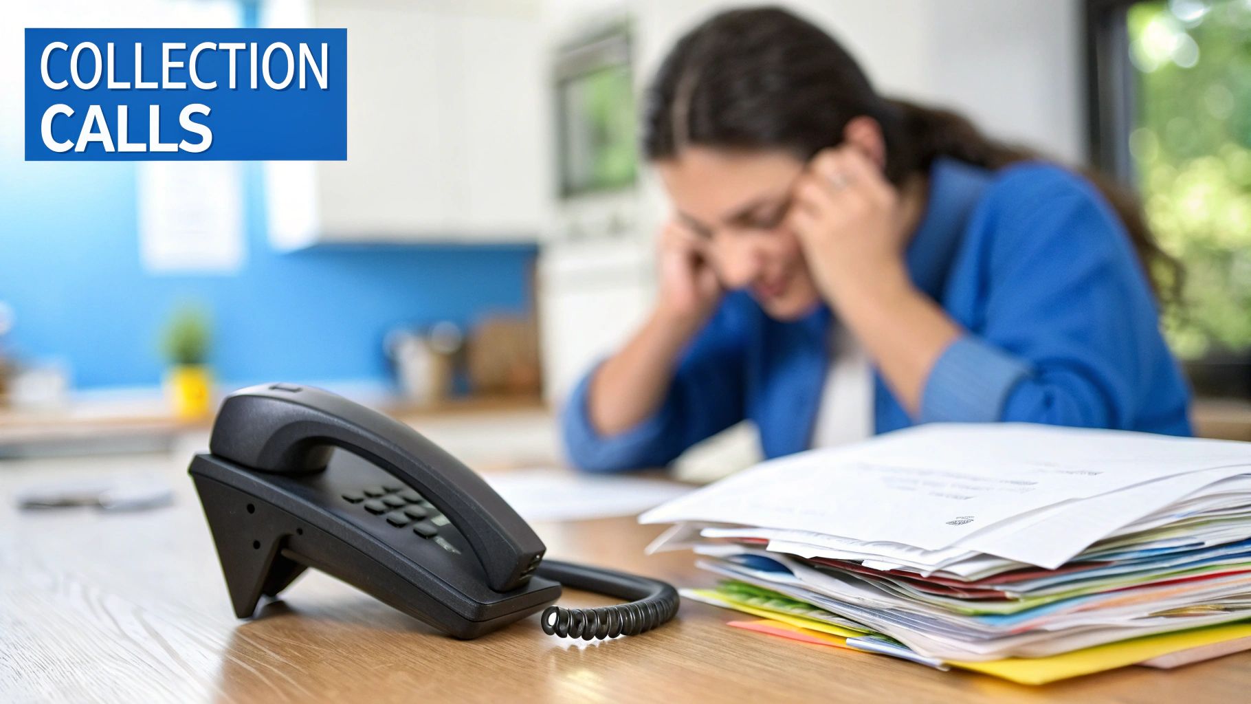 A person stressed by collection calls, with a landline phone and a large stack of bills.