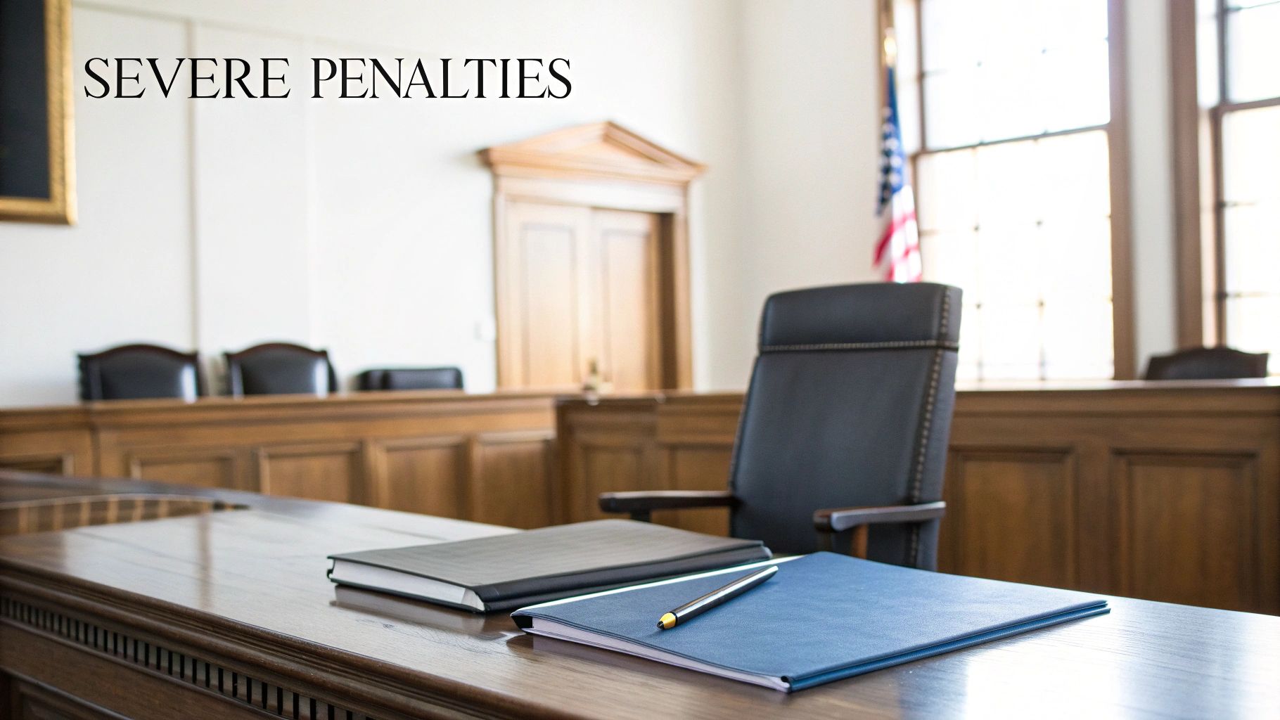 A formal courtroom scene with a polished wooden table, legal binders, and a pen, under 'Severe Penalties' text.