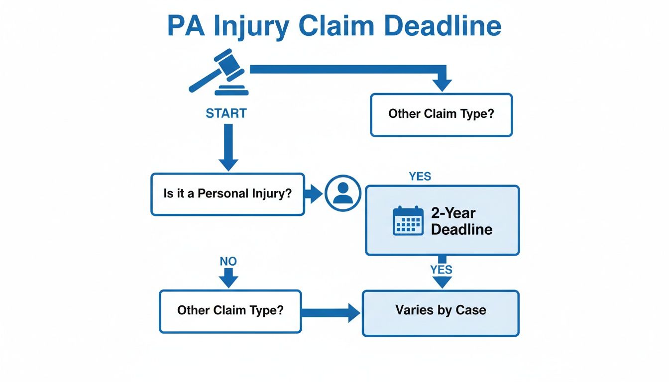 Flowchart detailing Pennsylvania injury claim deadlines, showing a 2-year deadline for personal injury cases.