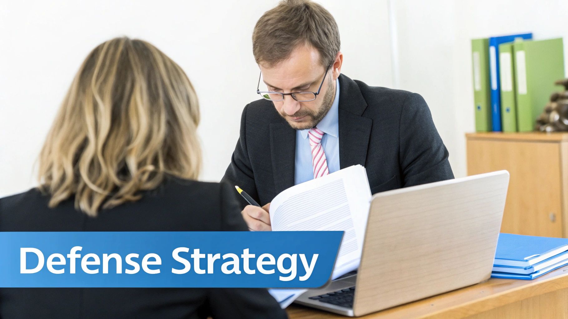 Un hombre con traje y gafas escribe en documentos durante una reunión con una mujer, con el texto 'Estrategia de defensa'.
