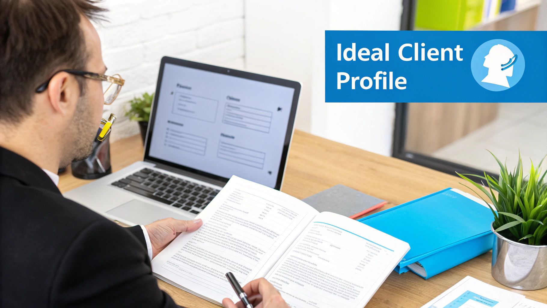 A professional analyzes business documents, a laptop screen, and an "Ideal Client Profile" presentation.