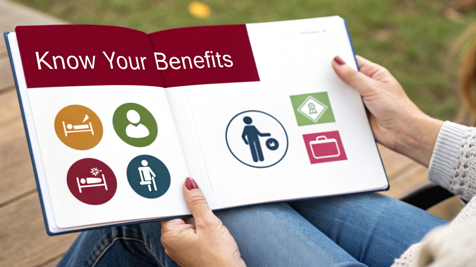 A person holds an open book titled 'Know Your Benefits,' displaying various icons representing different types of employee benefits.