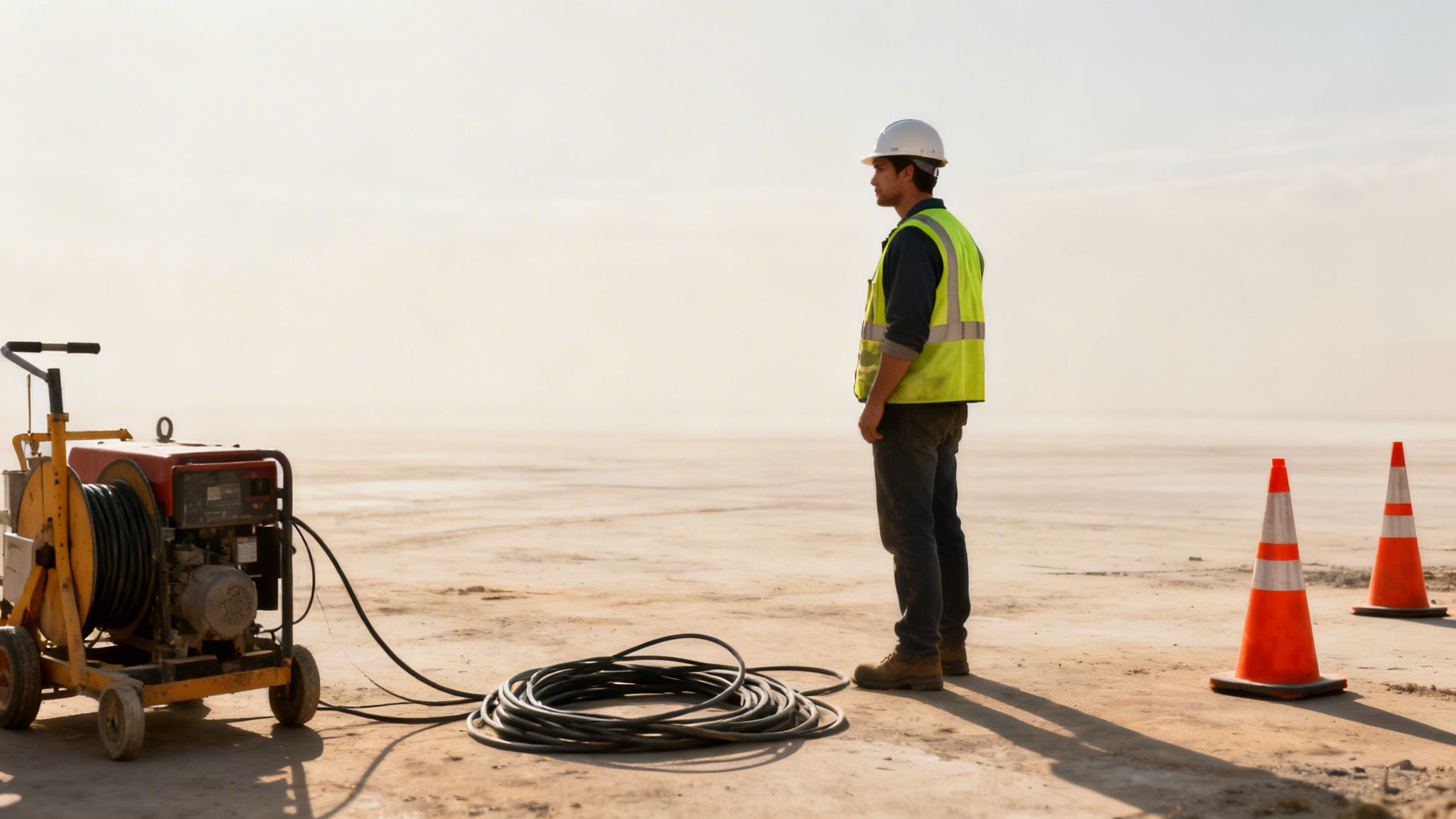 Construction worker in a hard hat and safety vest stands on a dusty site with equipment and cones.