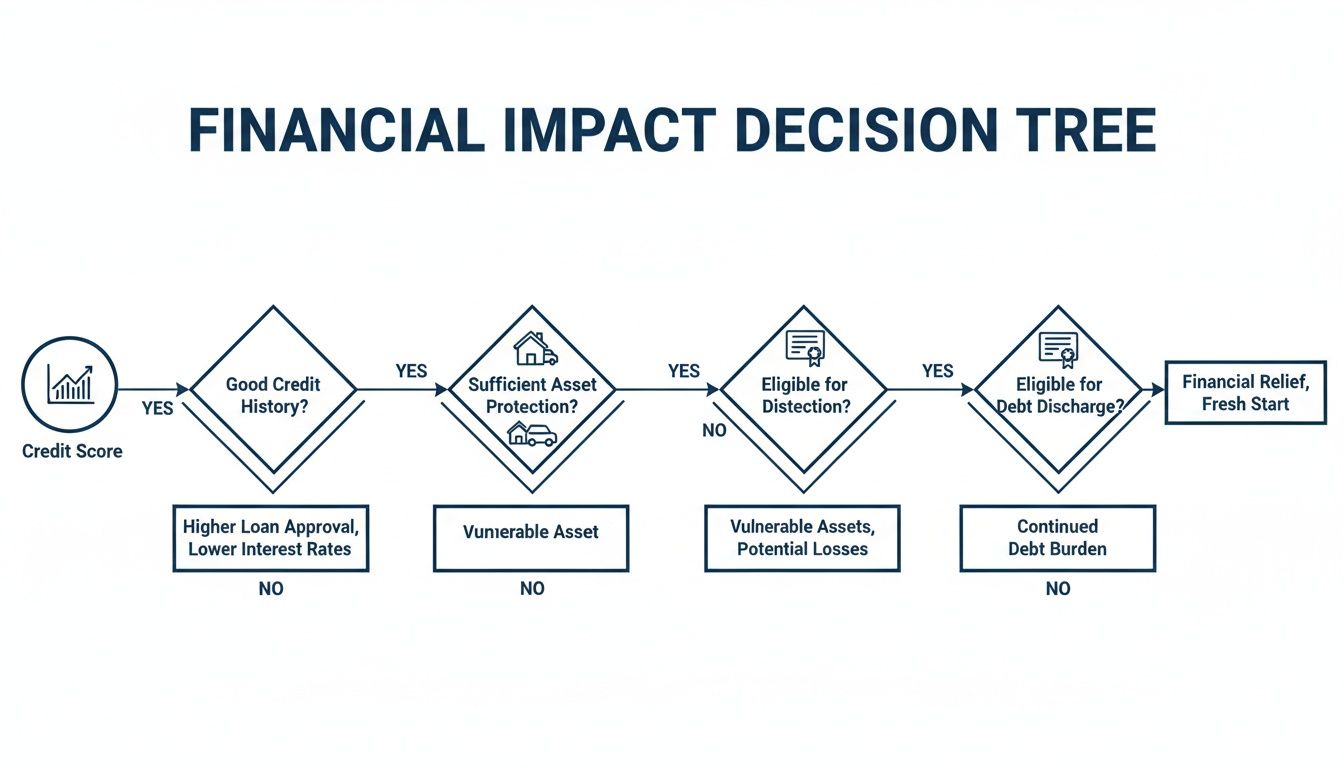 A financial impact decision tree flowchart illustrating paths for credit score, asset protection, and debt relief.