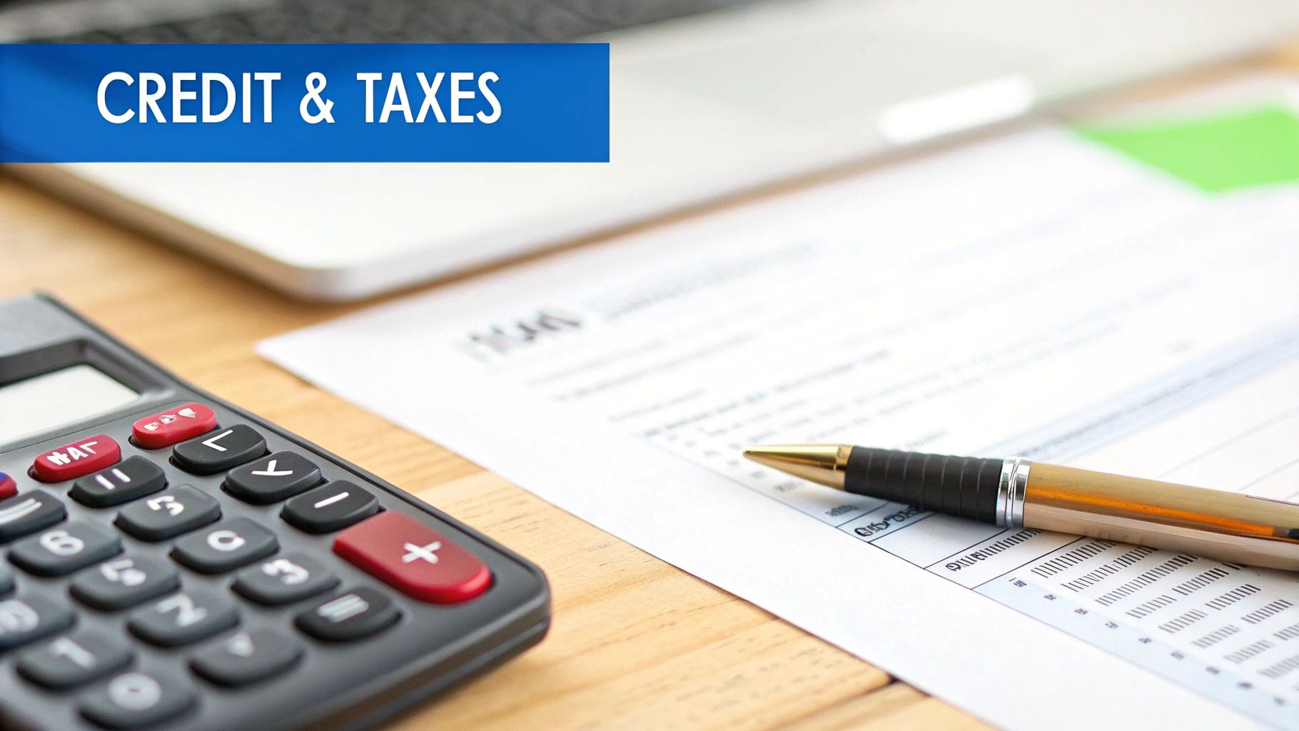 A calculator, pen, and tax form on a wooden desk under a 'Credit & Taxes' banner.