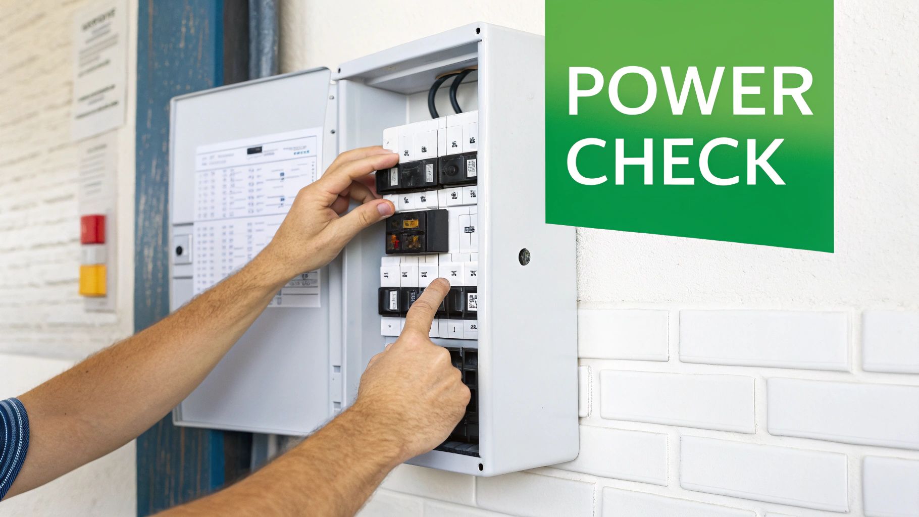 A person's hands adjusting circuit breakers in an open electrical panel with a 'POWER CHECK' sign.