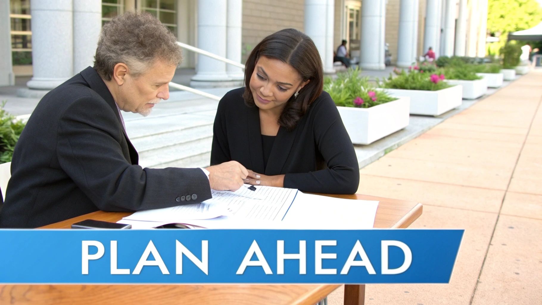 Dos profesionales diversos revisando documentos en una mesa al aire libre, enfatizando la importancia de planificar con anticipación.