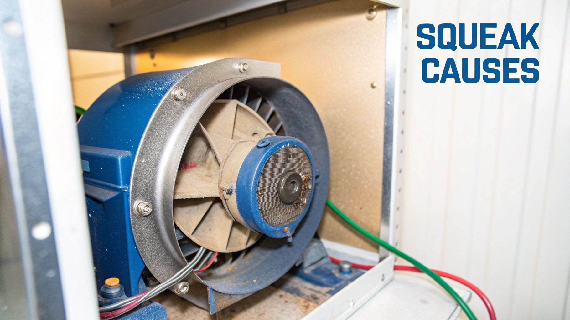Close-up of a dusty furnace blower motor with dirty fan blades, highlighting a common cause of squeaks.